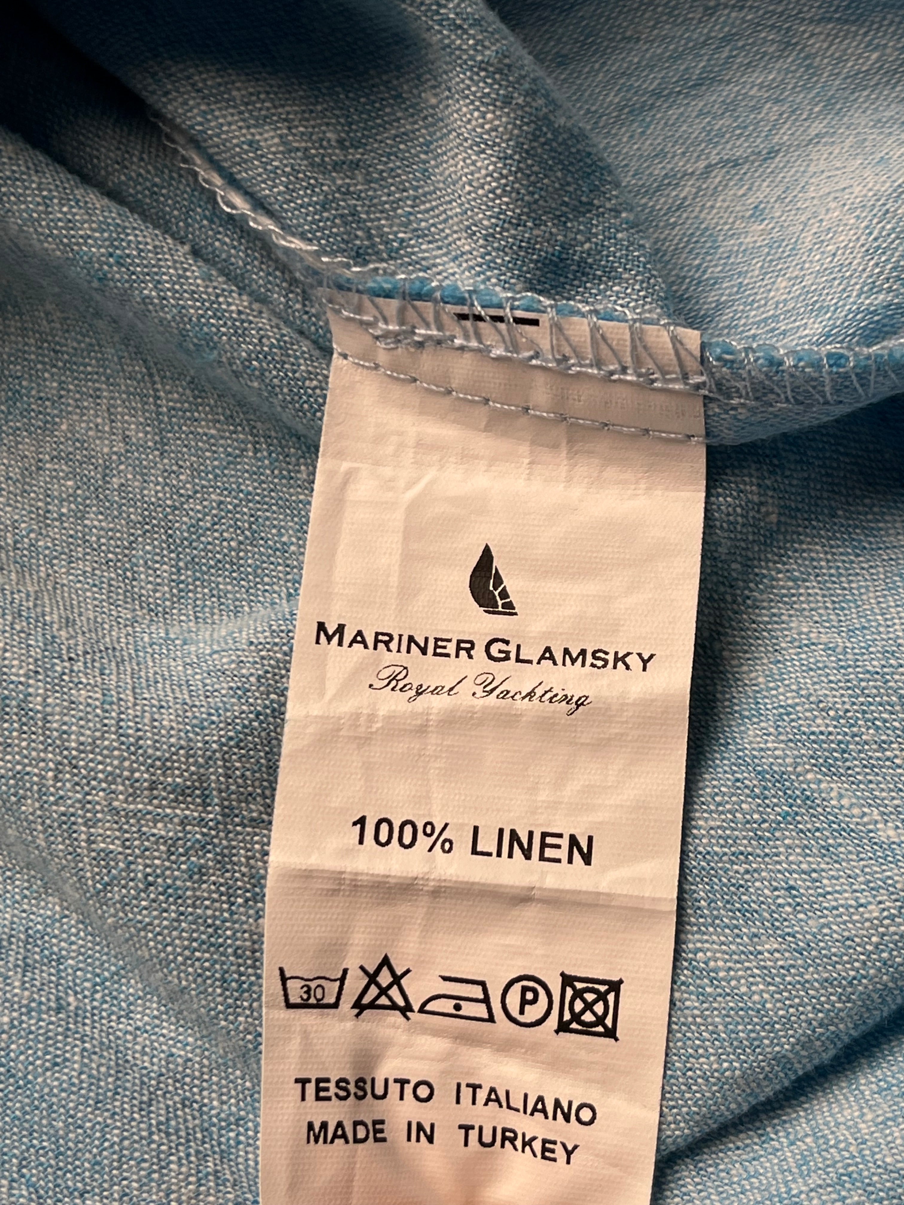 MARINER GLAMSKY Light Blue Linen Grandad Band Collar Henley Shirt -  L