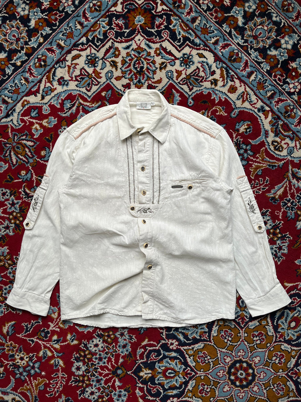Spieth & Wensky Cream Embroidered Trachten Bavarian Traditional Button Down Shirt - M