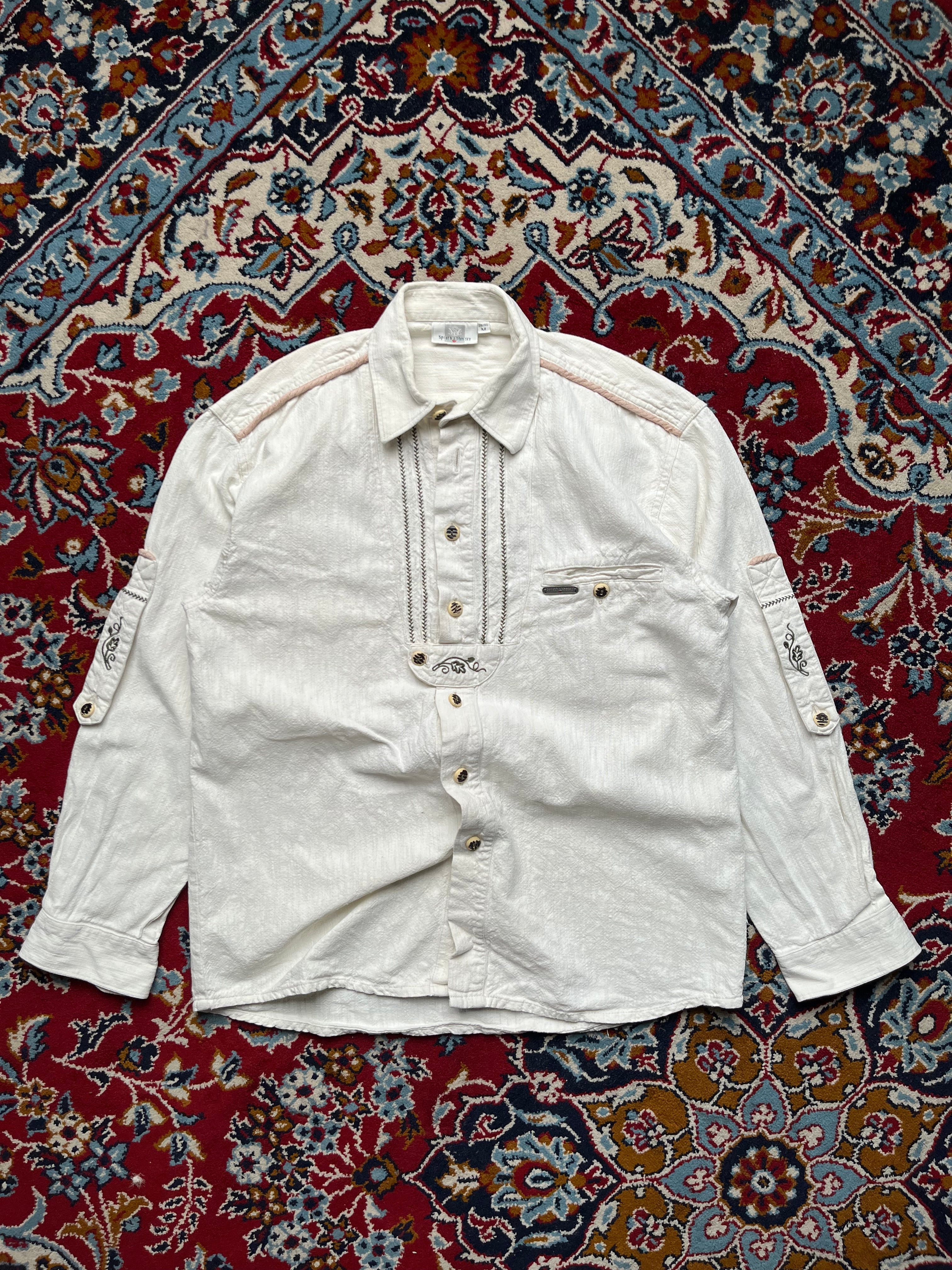 Spieth & Wensky Cream Embroidered Trachten Bavarian Traditional Button Down Shirt - M