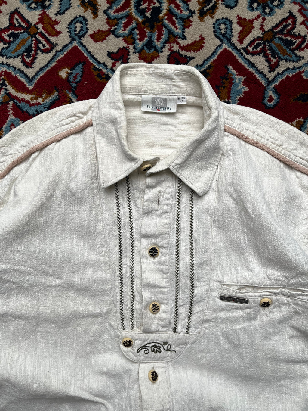 Spieth & Wensky Cream Embroidered Trachten Bavarian Traditional Button Down Shirt - M