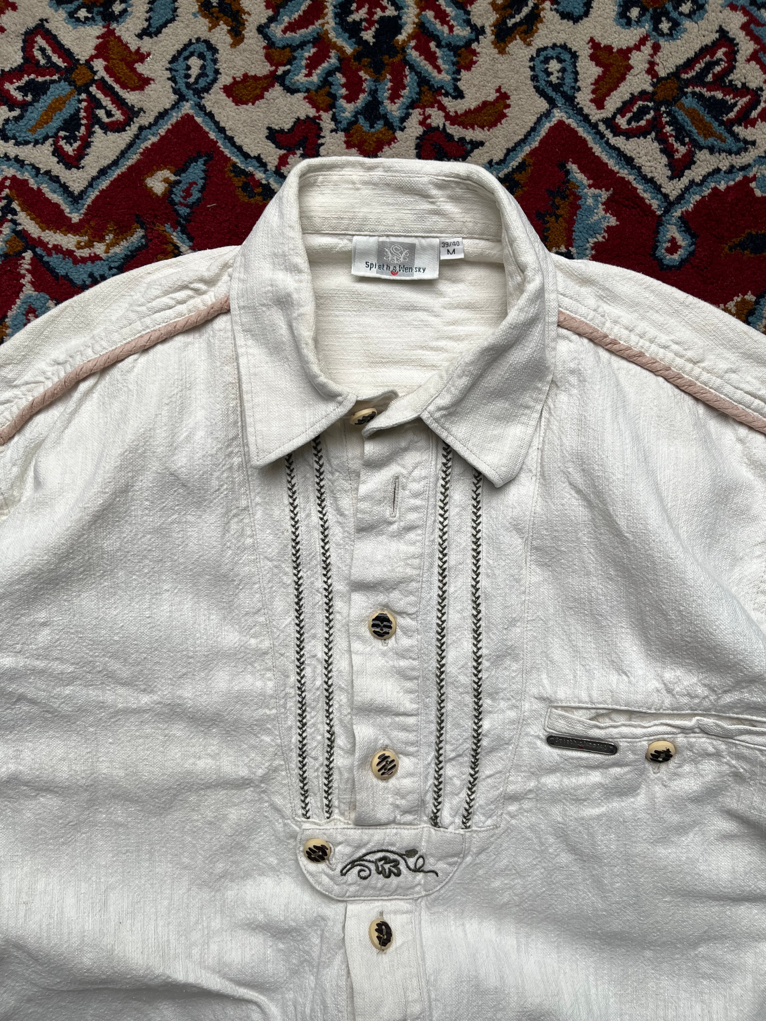 Spieth & Wensky Cream Embroidered Trachten Bavarian Traditional Button Down Shirt - M