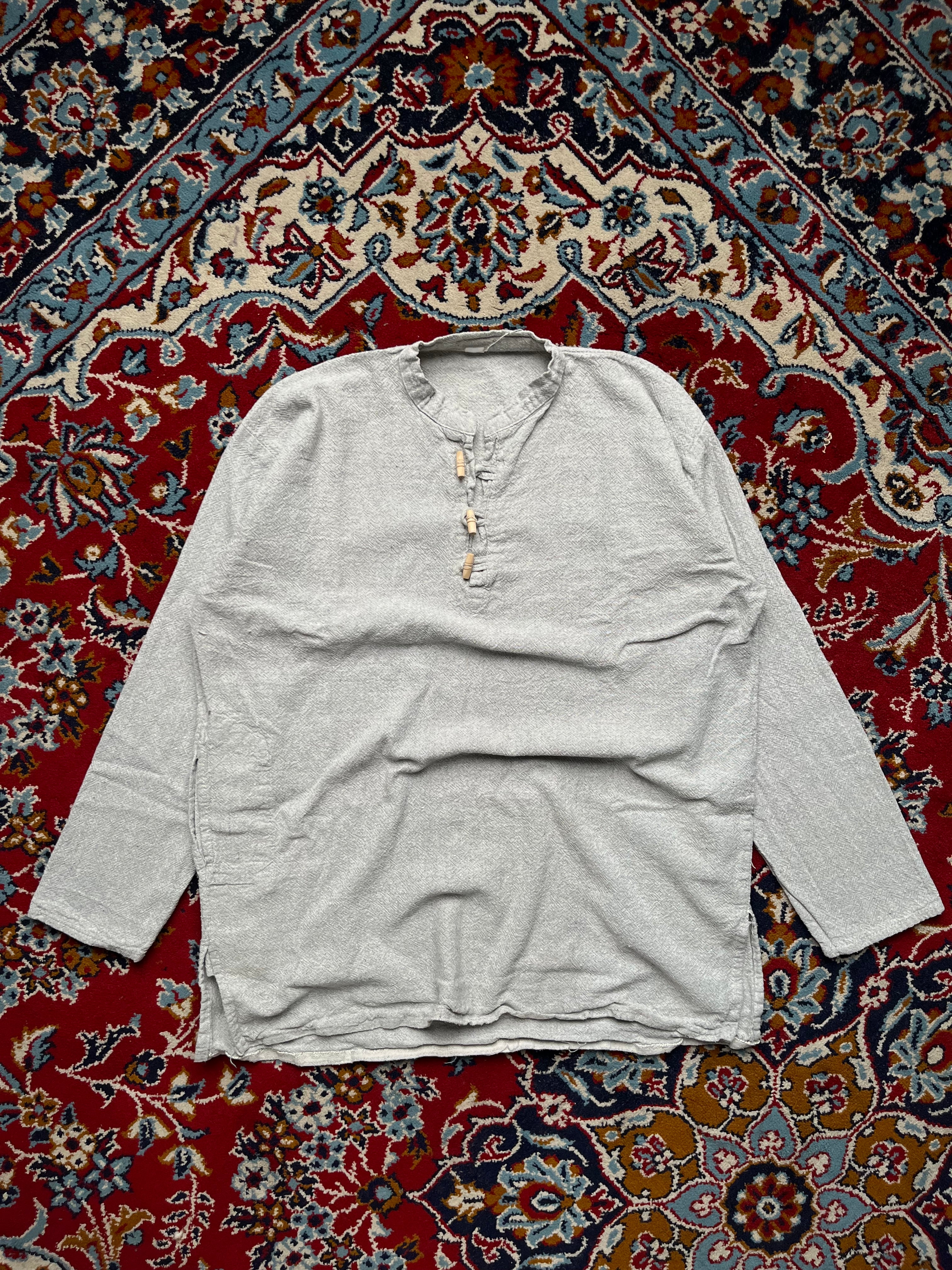 Vintage Grey Textured Cotton Linen Henley Pullover Shirt - S