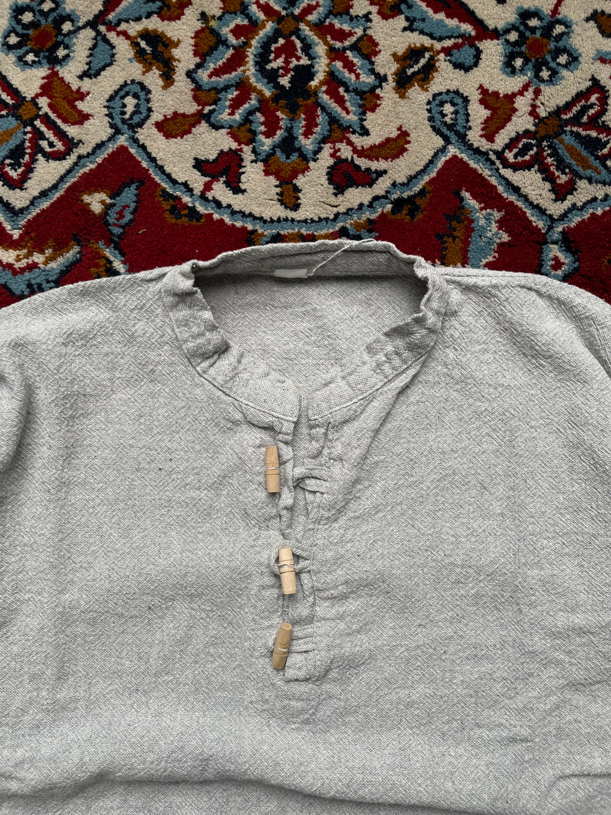 Vintage Grey Textured Cotton Linen Henley Pullover Shirt - S