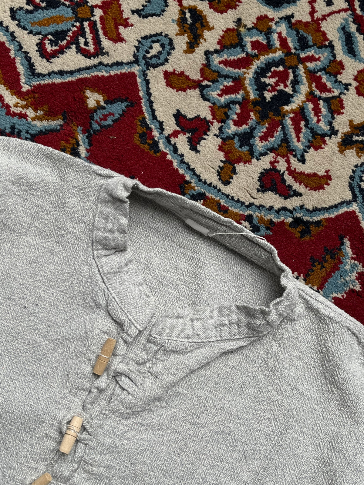 Vintage Grey Textured Cotton Linen Henley Pullover Shirt - S