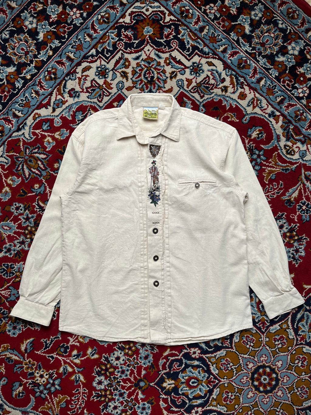 Grubig Trachten Cream Embroidered Bavarian Alpine Linen Shirt - M
