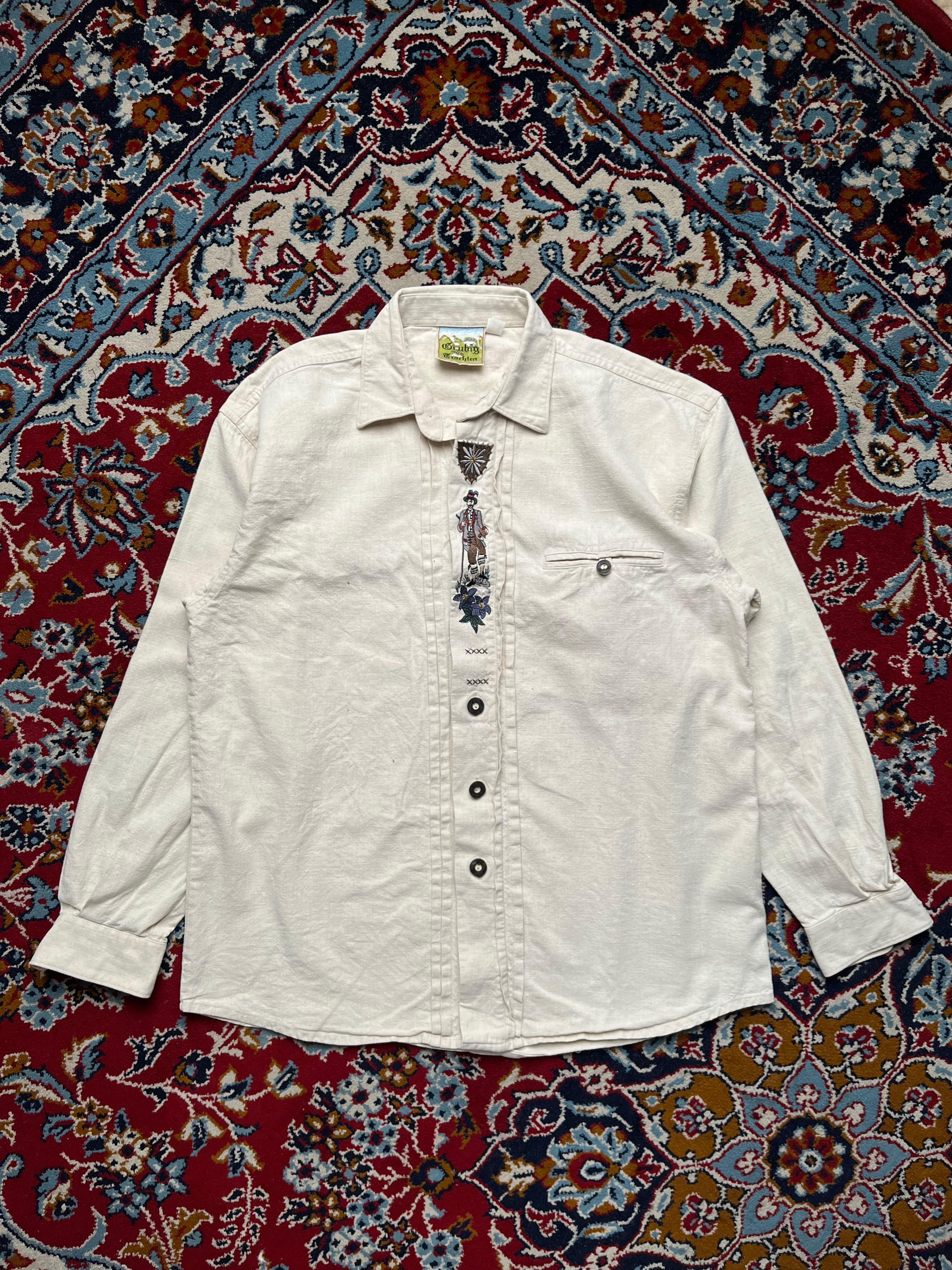 Grubig Trachten Cream Embroidered Bavarian Alpine Linen Shirt - M