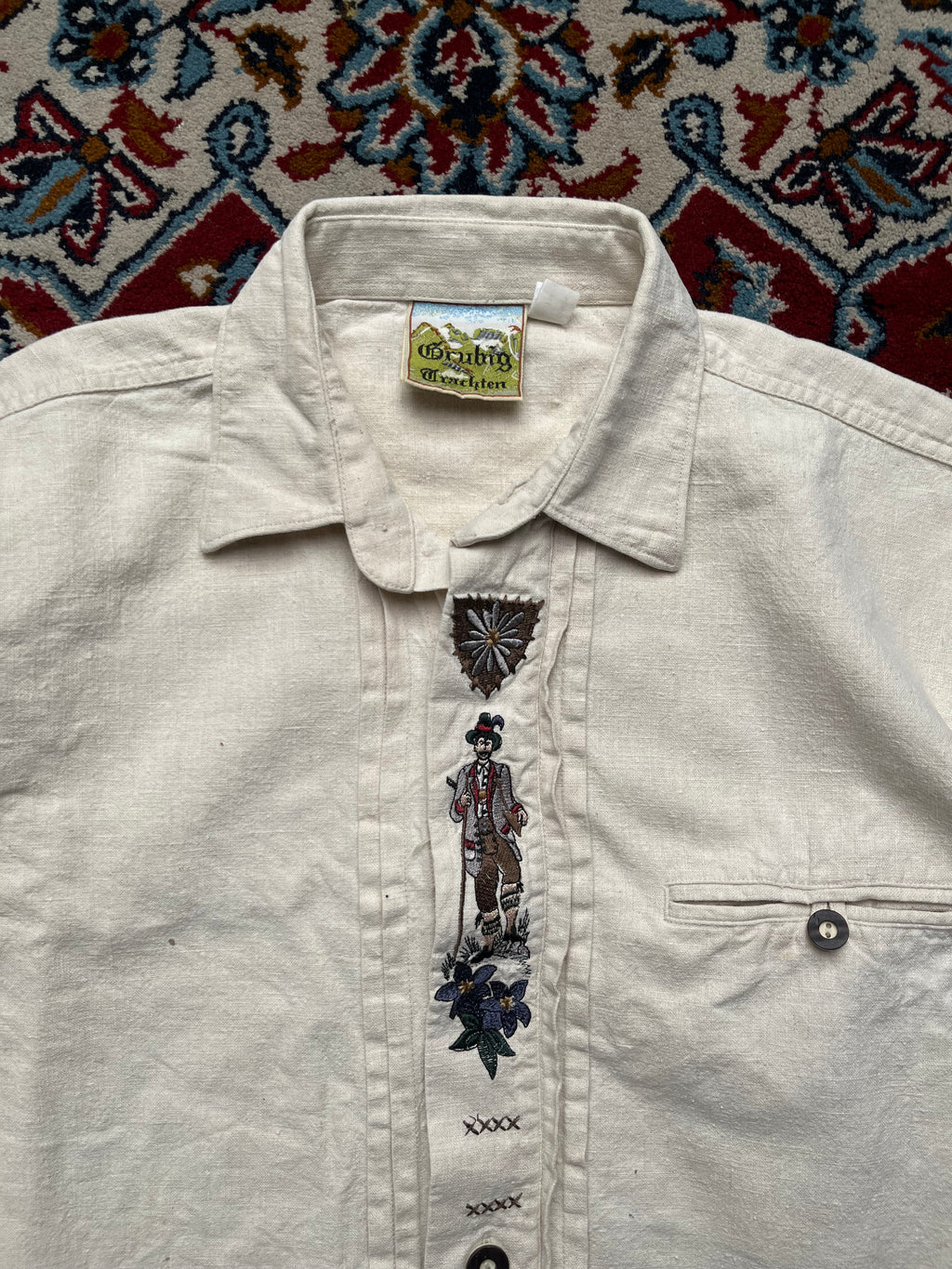 Grubig Trachten Cream Embroidered Bavarian Alpine Linen Shirt - M