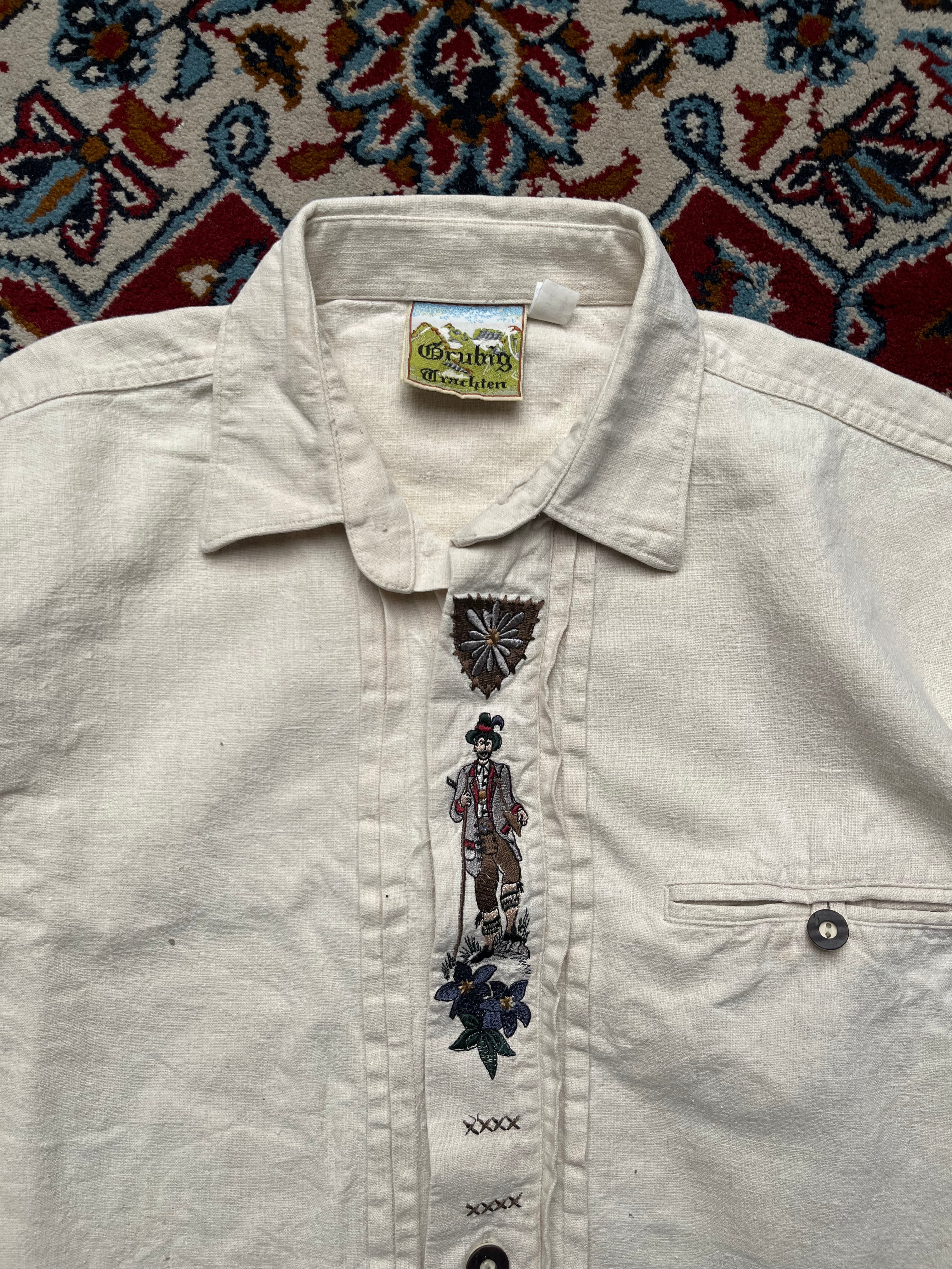 Grubig Trachten Cream Embroidered Bavarian Alpine Linen Shirt - M