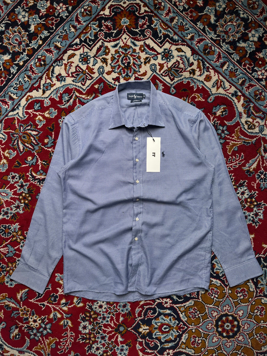 Polo Ralph Lauren Blue White Micro Check Custom Fit Button Down Shirt - L