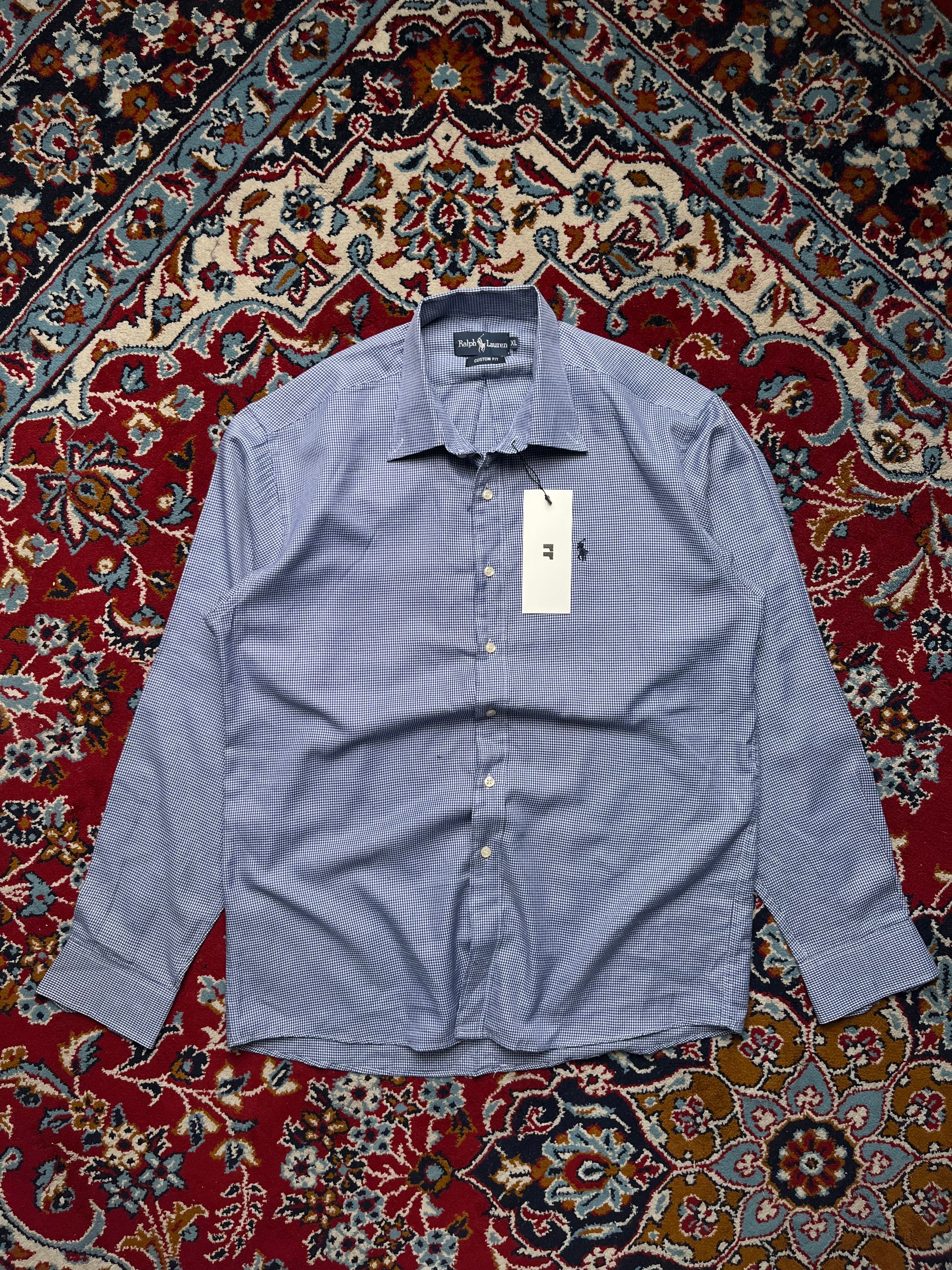 Polo Ralph Lauren Blue White Micro Check Custom Fit Button Down Shirt - L