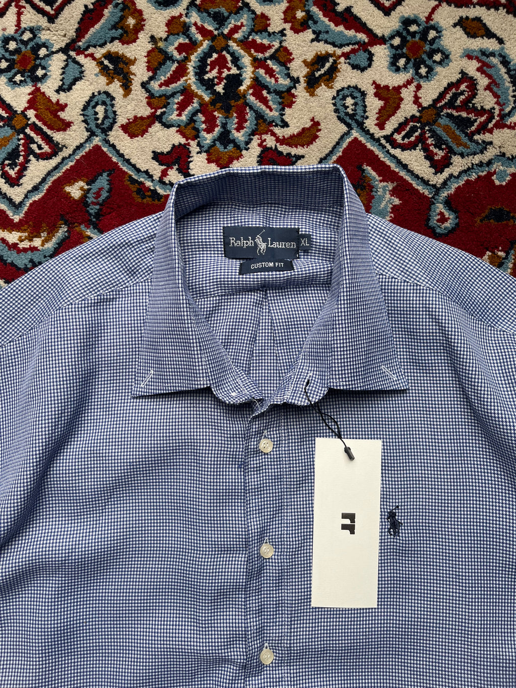 Polo Ralph Lauren Blue White Micro Check Custom Fit Button Down Shirt - L