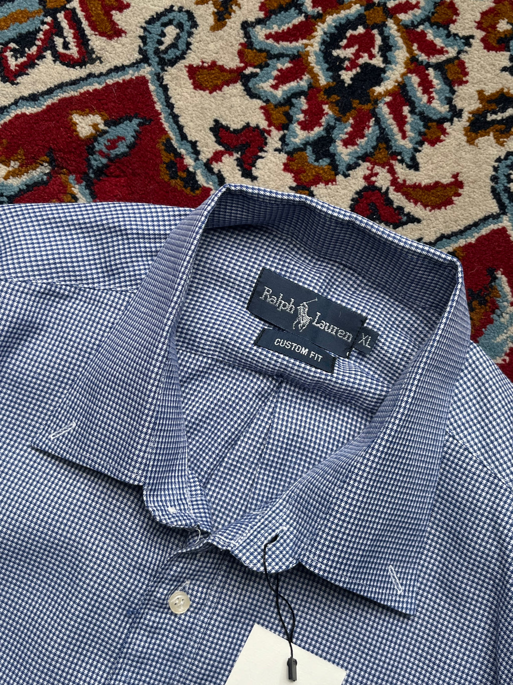 Polo Ralph Lauren Blue White Micro Check Custom Fit Button Down Shirt - L
