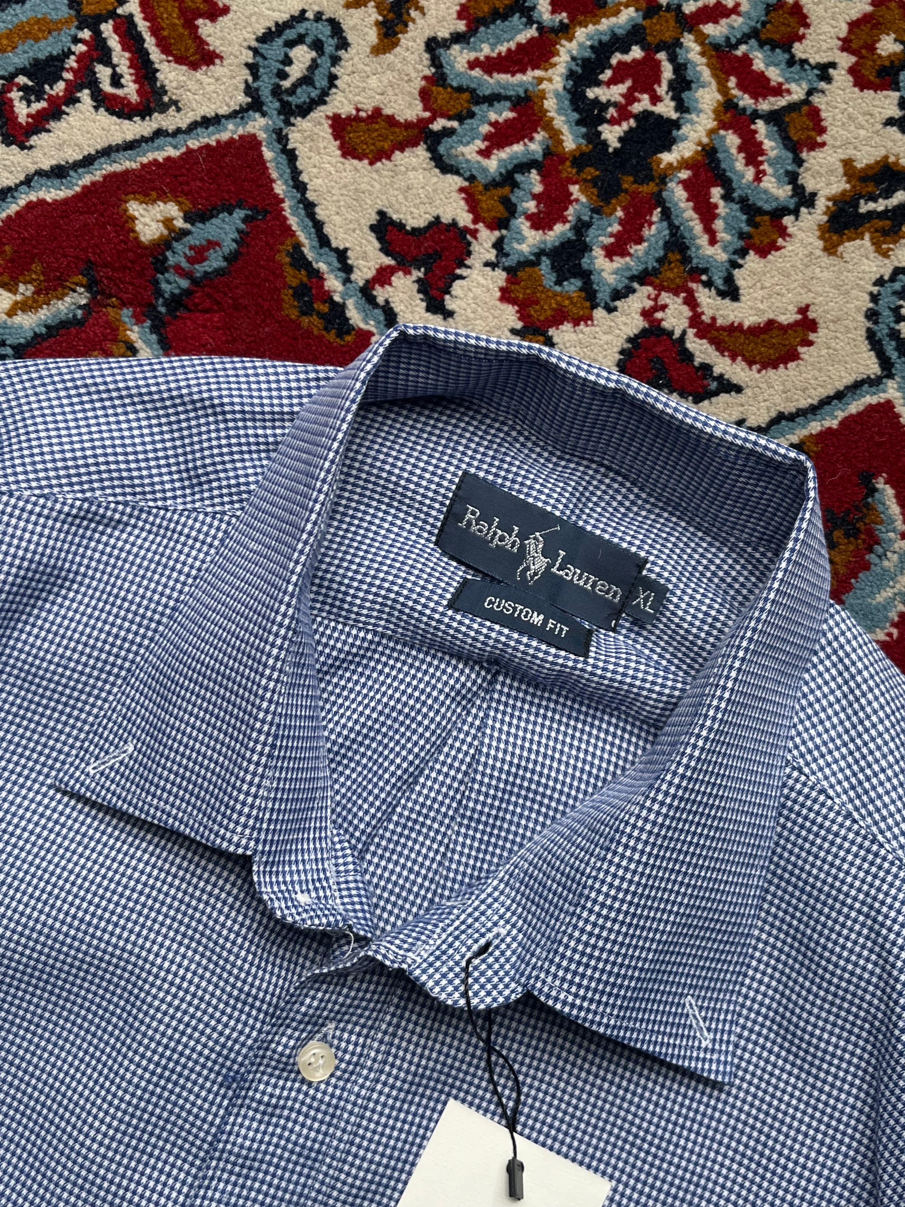 Polo Ralph Lauren Blue White Micro Check Custom Fit Button Down Shirt - L