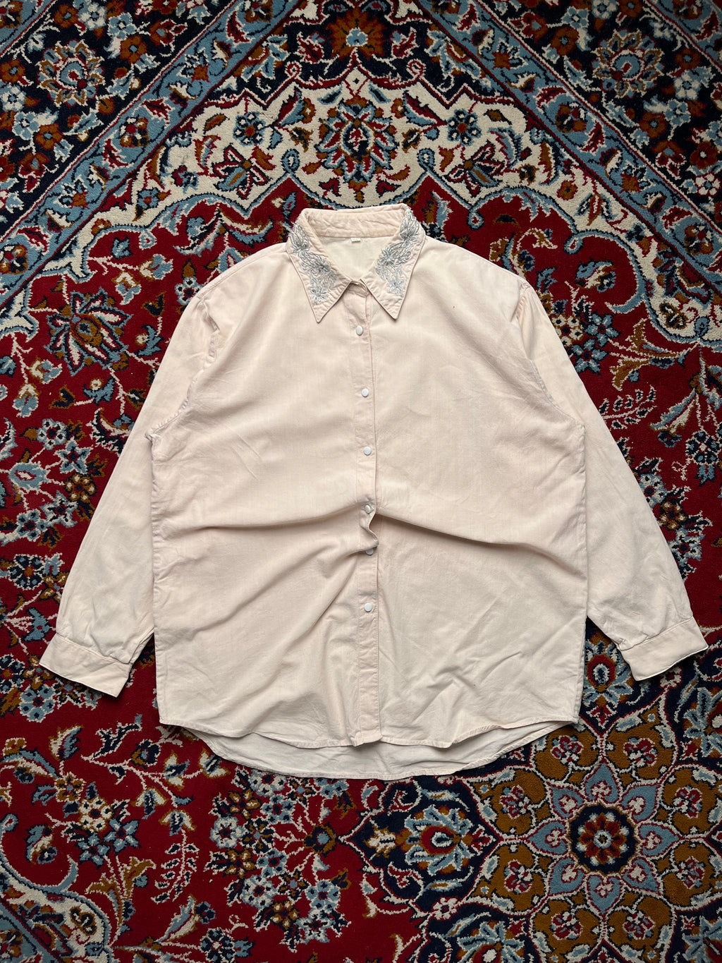 Vintage Light Pink Beige Silver Embroidered Collar Button Down Shirt - M