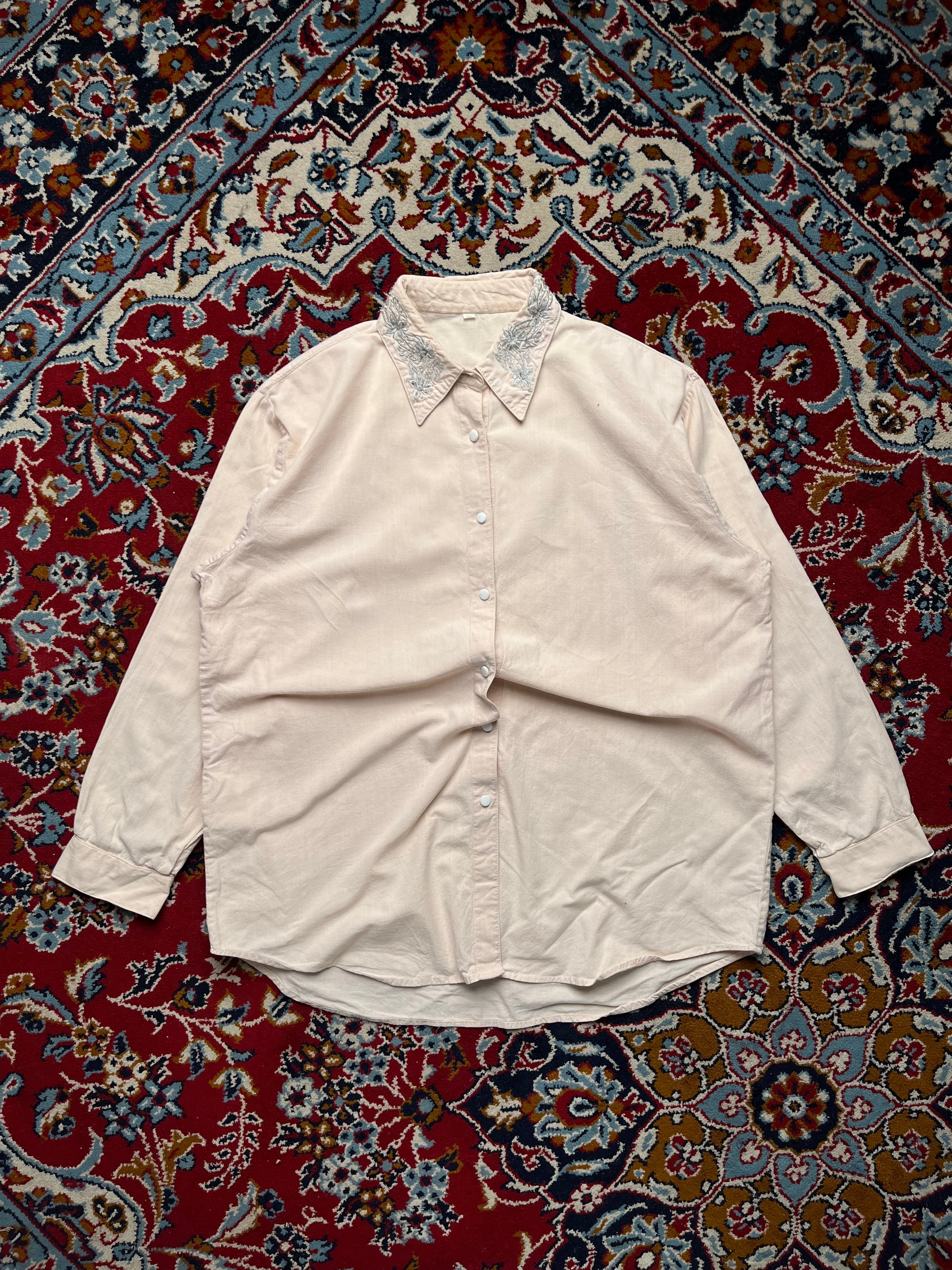 Vintage Light Pink Beige Silver Embroidered Collar Button Down Shirt - M