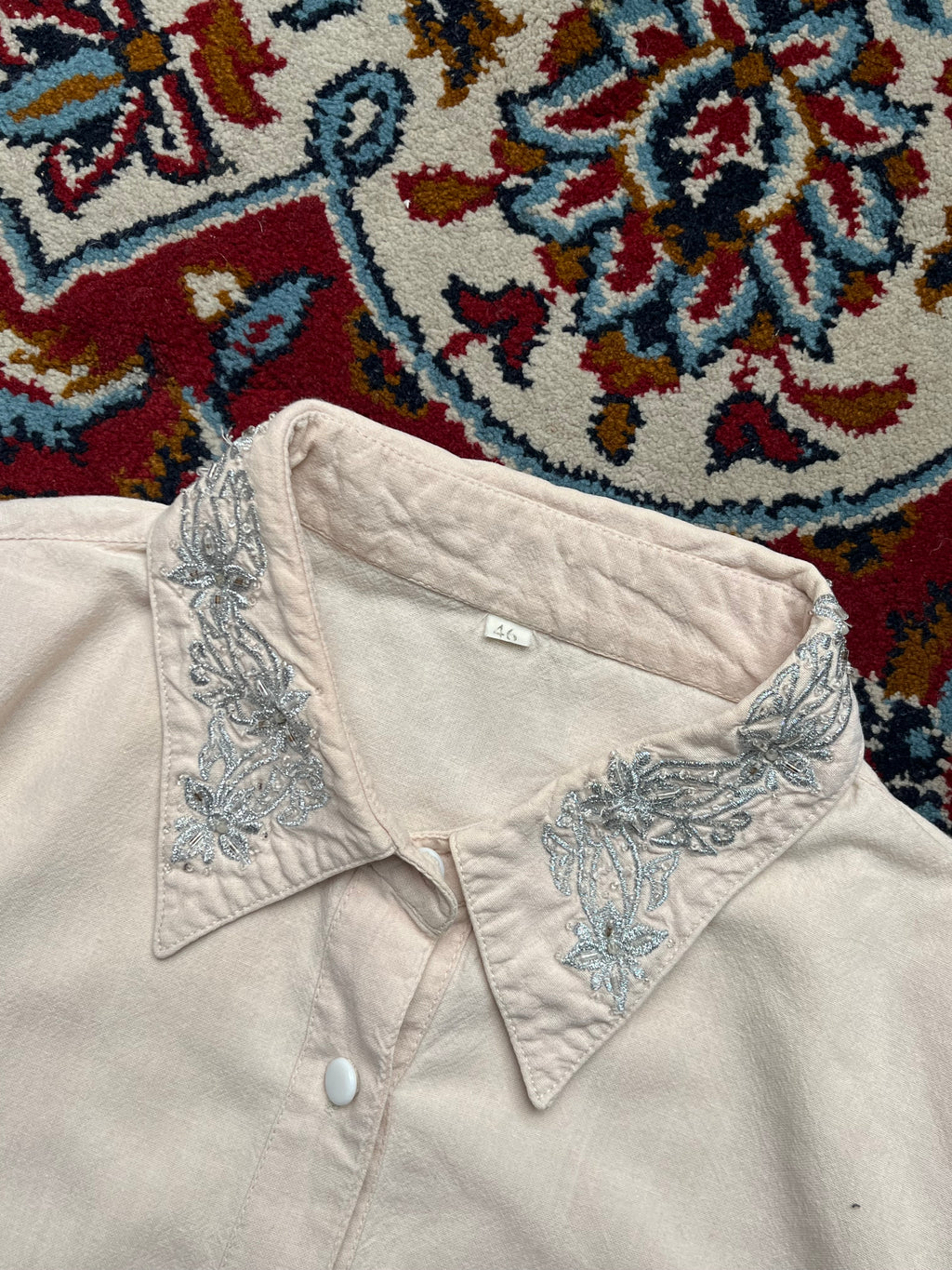 Vintage Light Pink Beige Silver Embroidered Collar Button Down Shirt - M