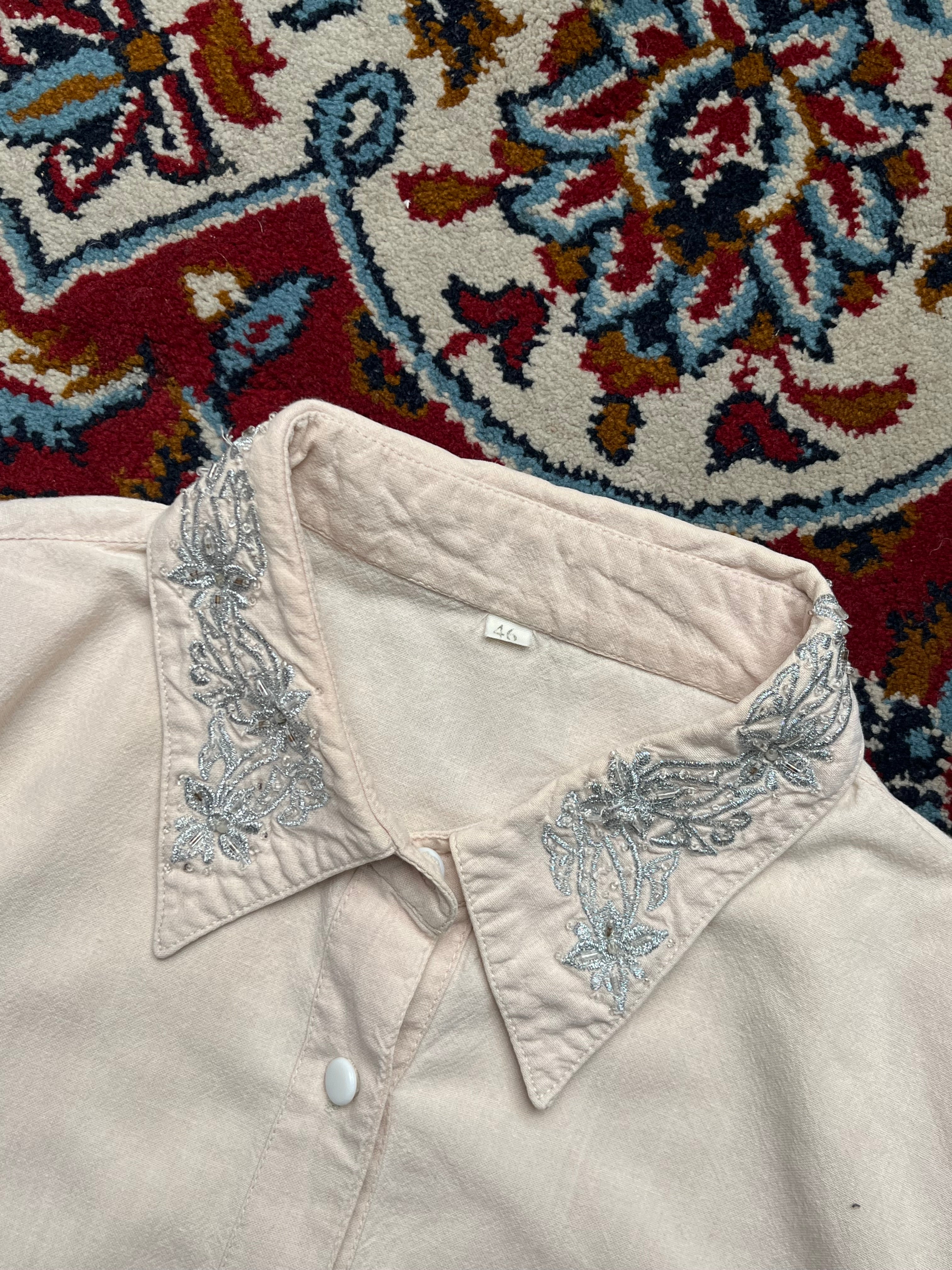Vintage Light Pink Beige Silver Embroidered Collar Button Down Shirt - M