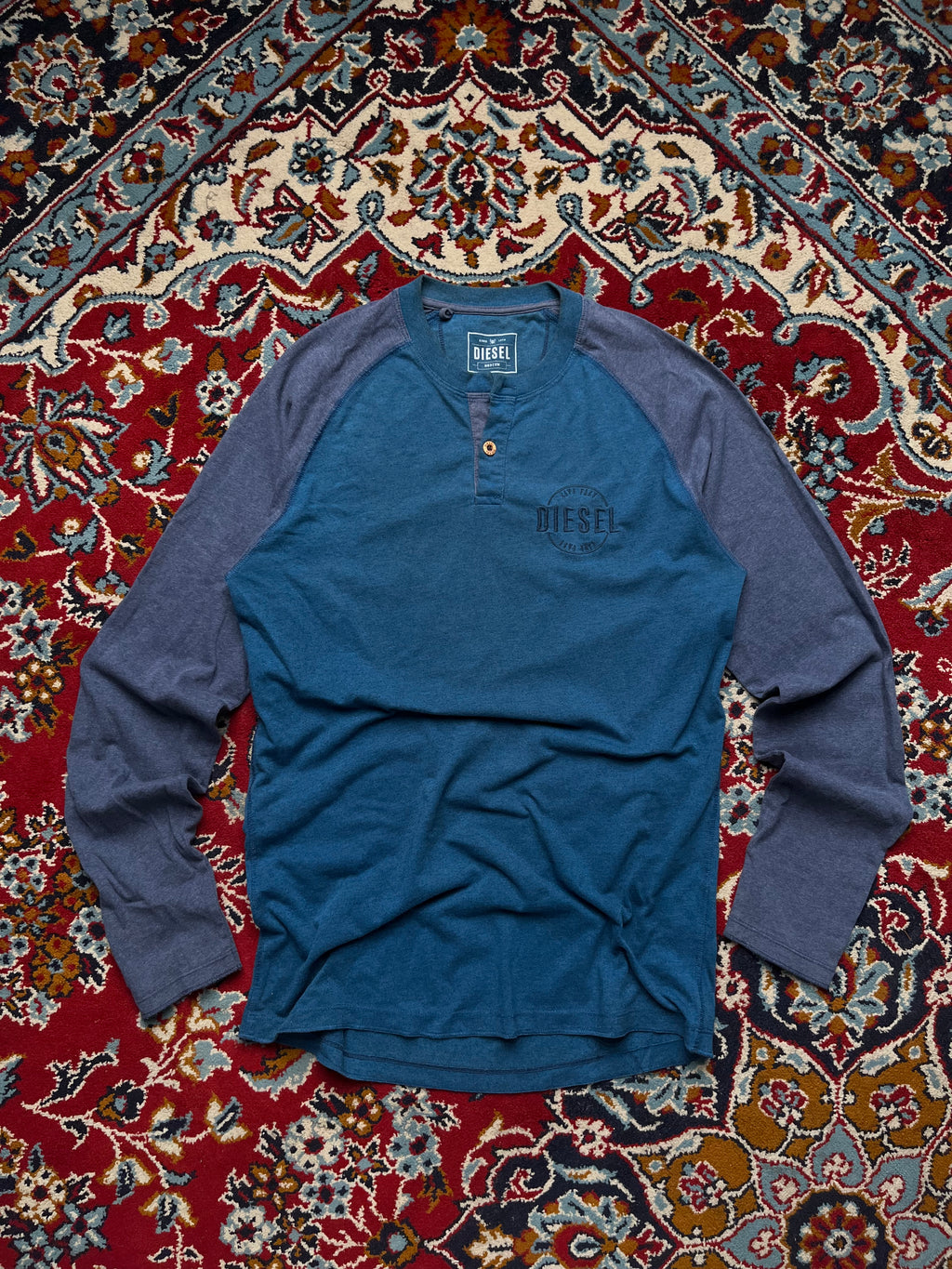 DIESEL Teal Blue Raglan Long Sleeve Henley Shirt - M