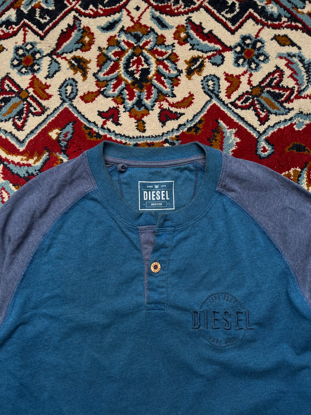 DIESEL Teal Blue Raglan Long Sleeve Henley Shirt - M