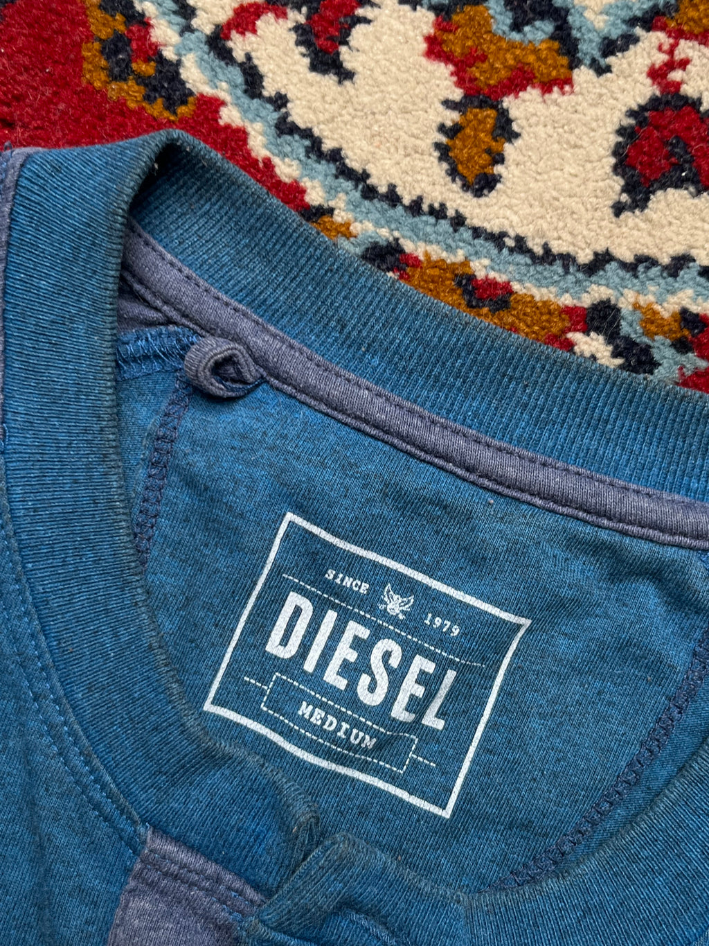 DIESEL Teal Blue Raglan Long Sleeve Henley Shirt - M