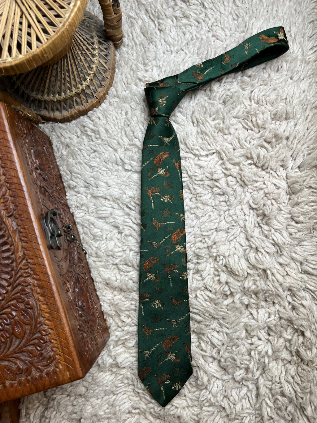 Vintage Melliard of London Green Flying Pheasant Duck Hunting Motif Tie
