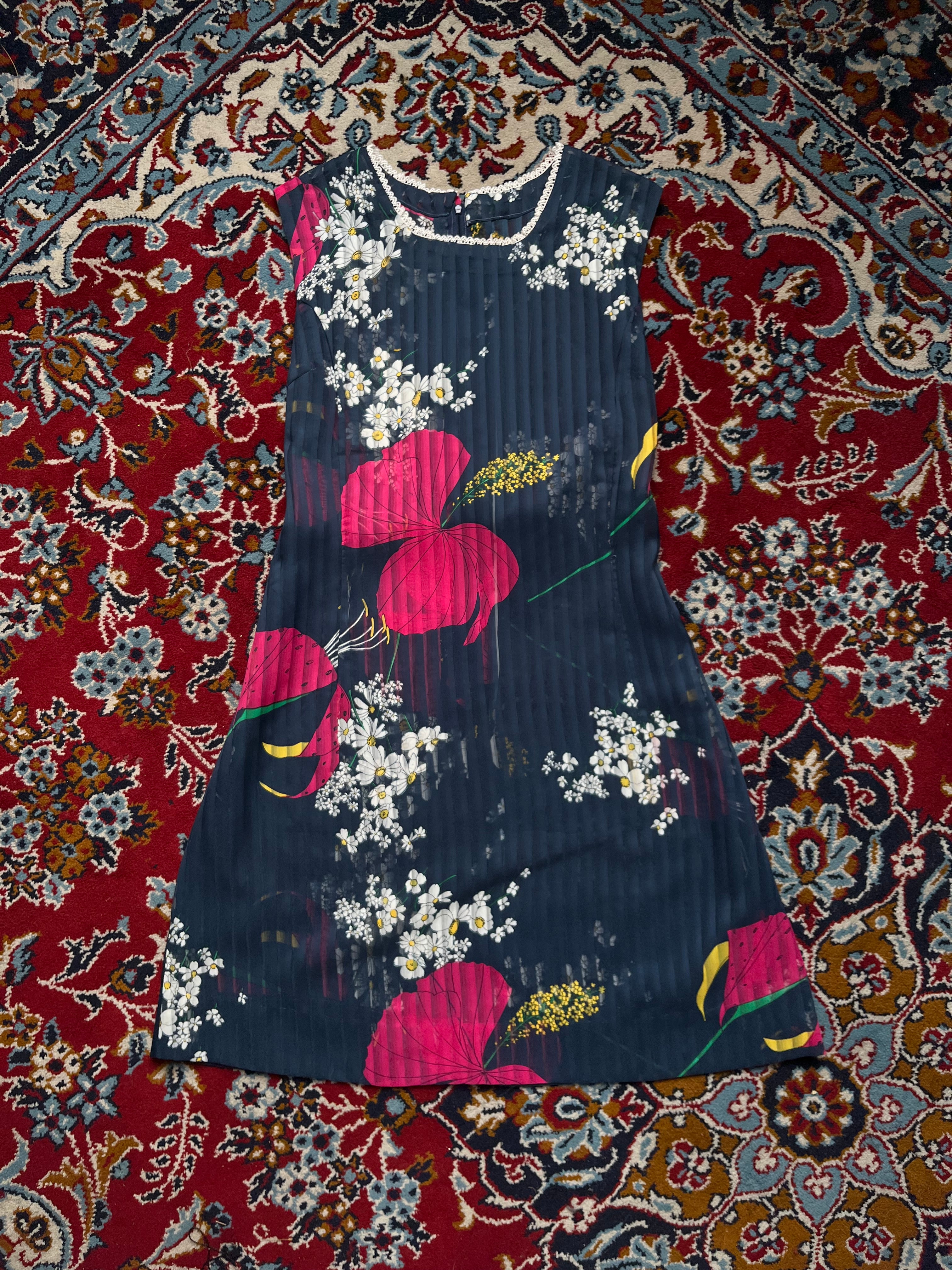 Vintage Floral Chiffon Pleated Navy Blue Mini Dress - S