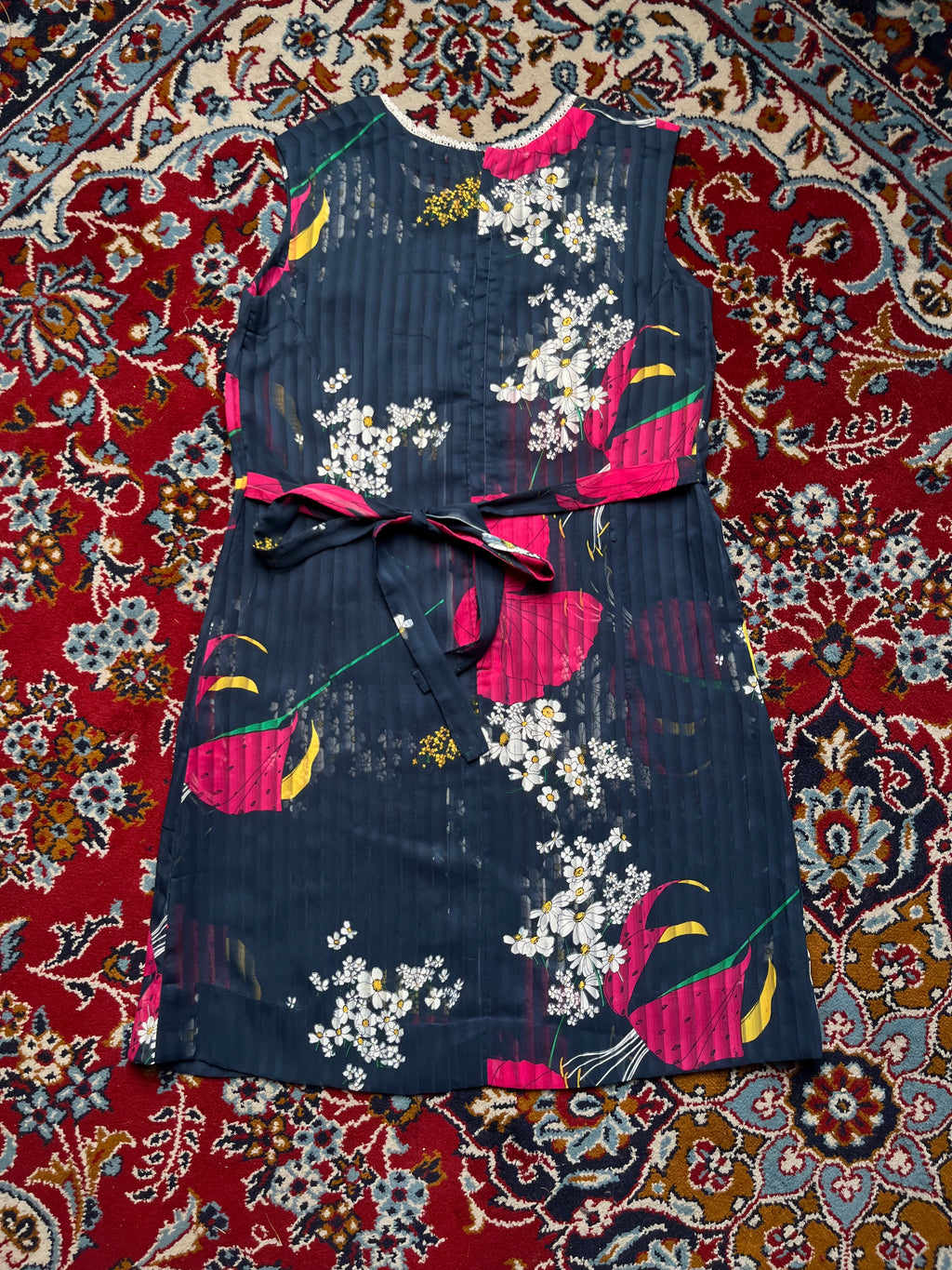 Vintage Floral Chiffon Pleated Navy Blue Mini Dress - S