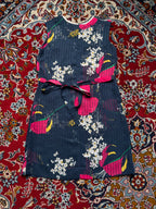 Vintage Floral Chiffon Pleated Navy Blue Mini Dress - S