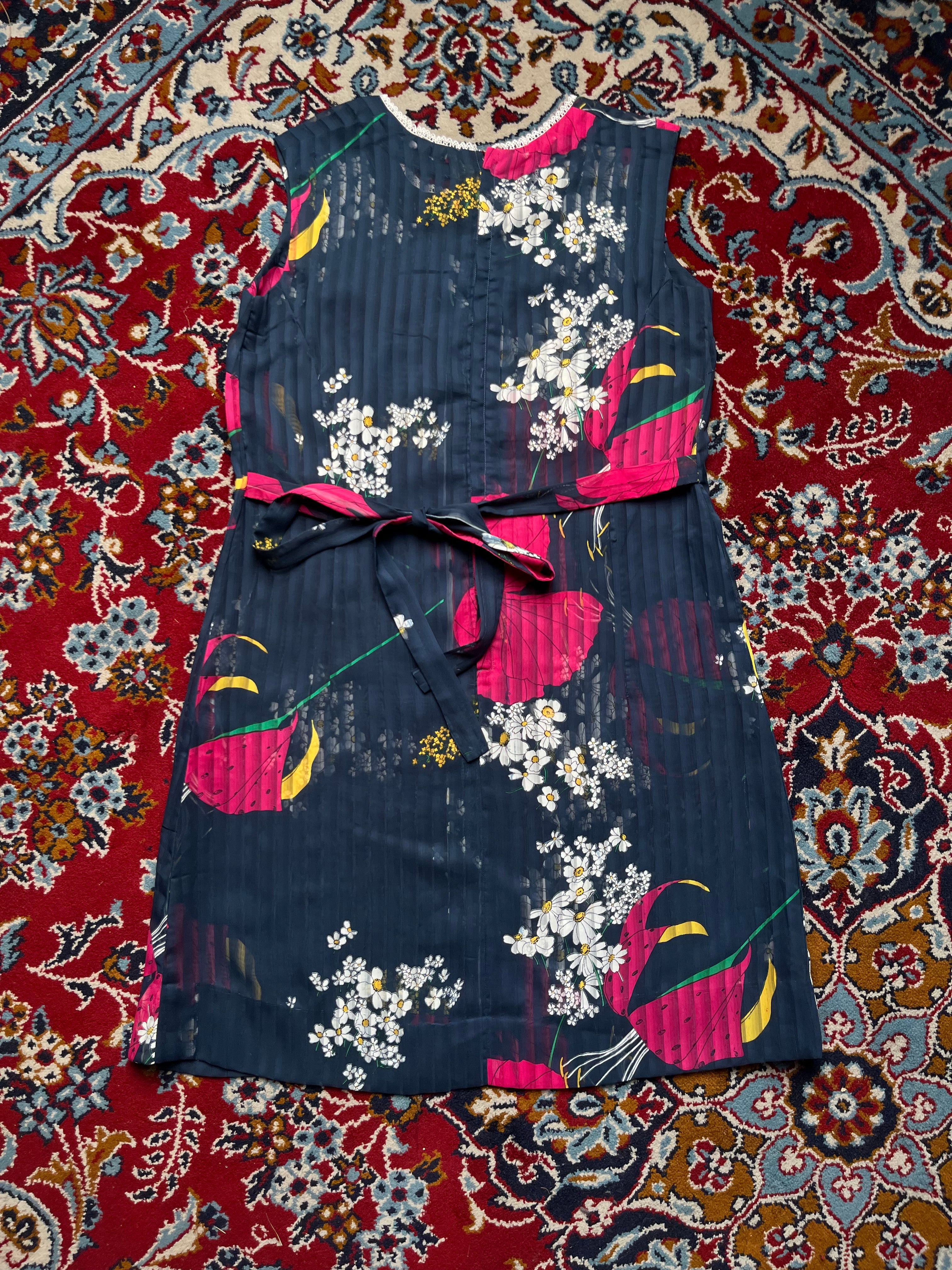 Vintage Floral Chiffon Pleated Navy Blue Mini Dress - S