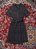 Vintage Black Floral Chiffon Belted Short Sleeve Dress -  S