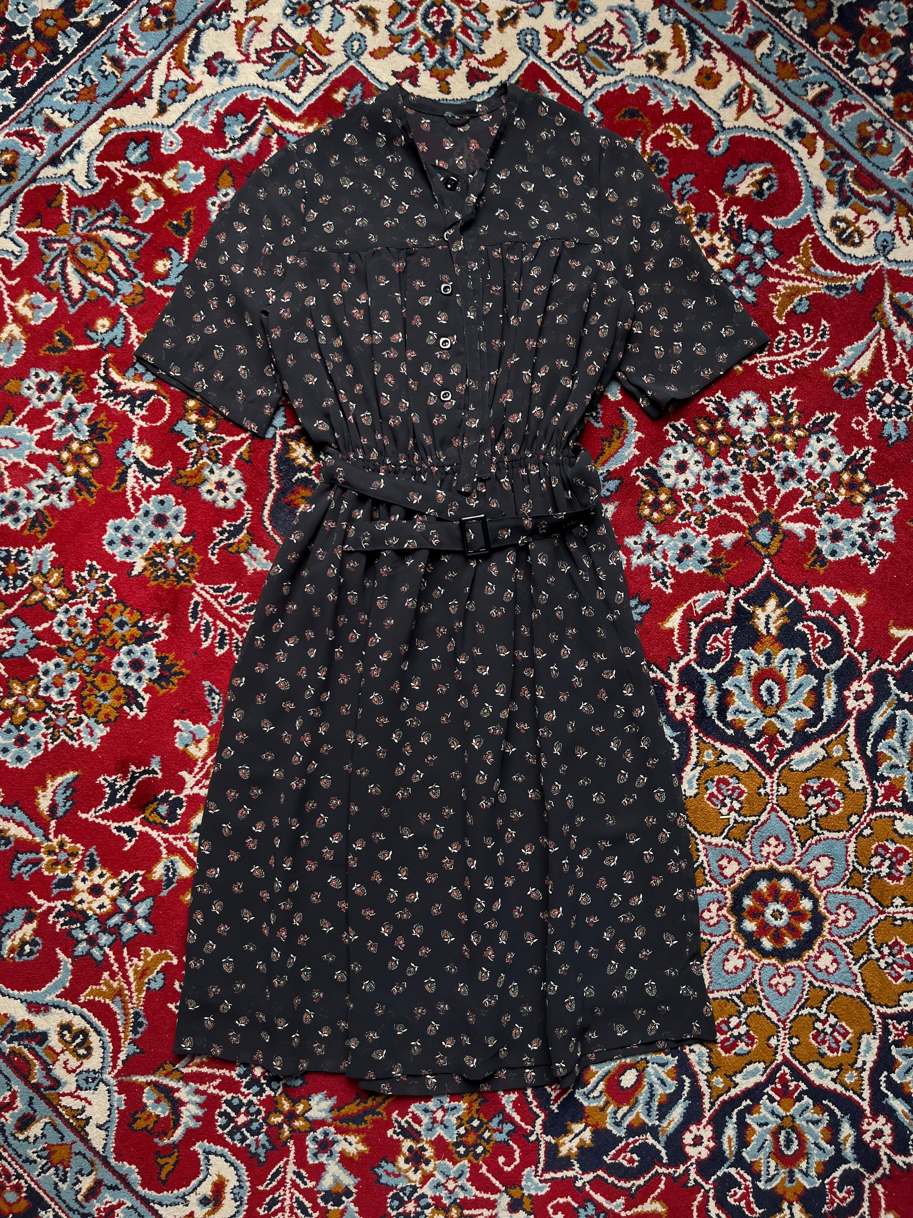 Vintage Black Floral Chiffon Belted Short Sleeve Dress -  S