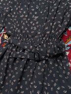 Vintage Black Floral Chiffon Belted Short Sleeve Dress -  S