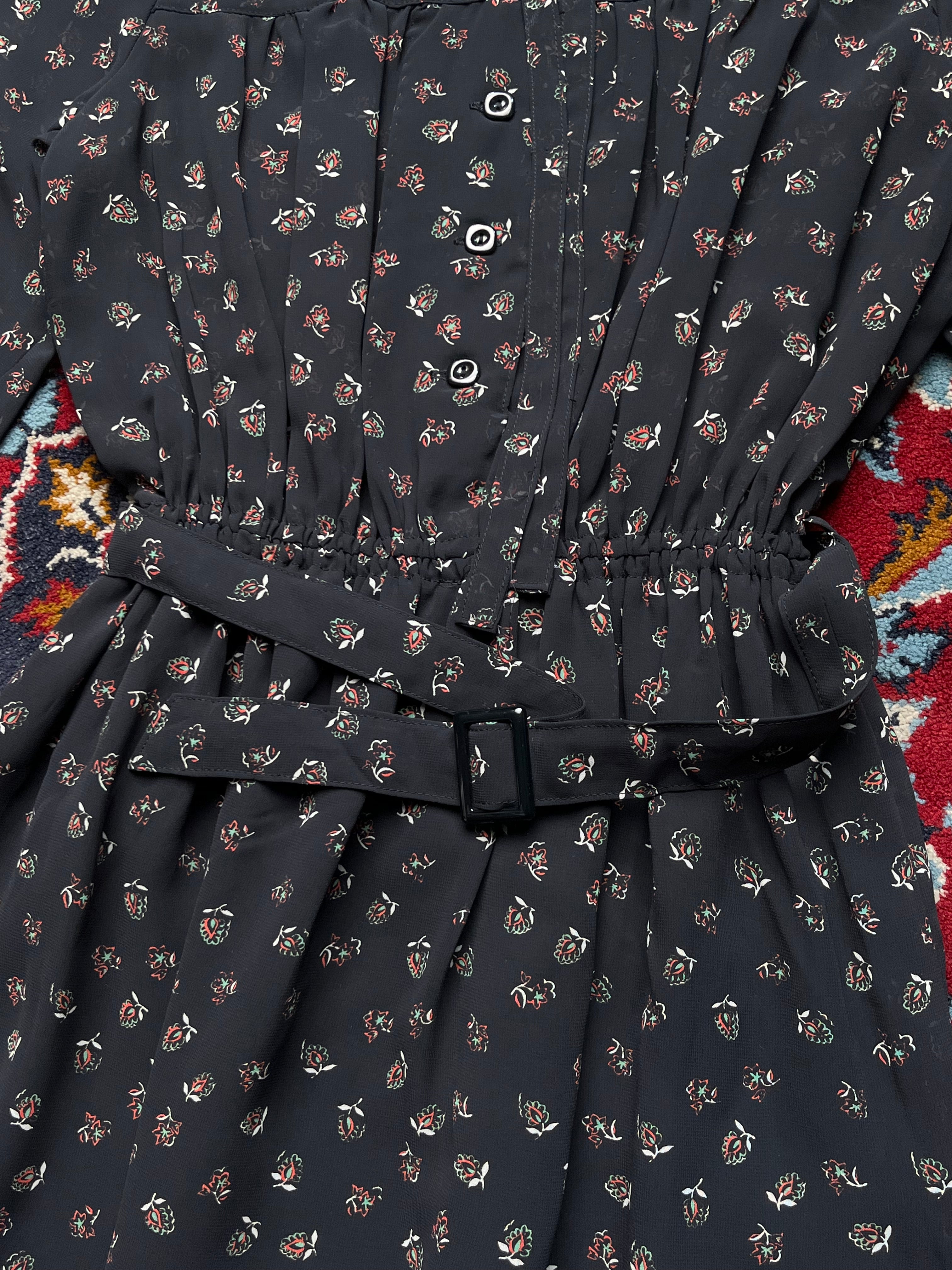 Vintage Black Floral Chiffon Belted Short Sleeve Dress -  S