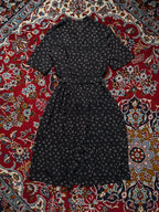Vintage Black Floral Chiffon Belted Short Sleeve Dress -  S