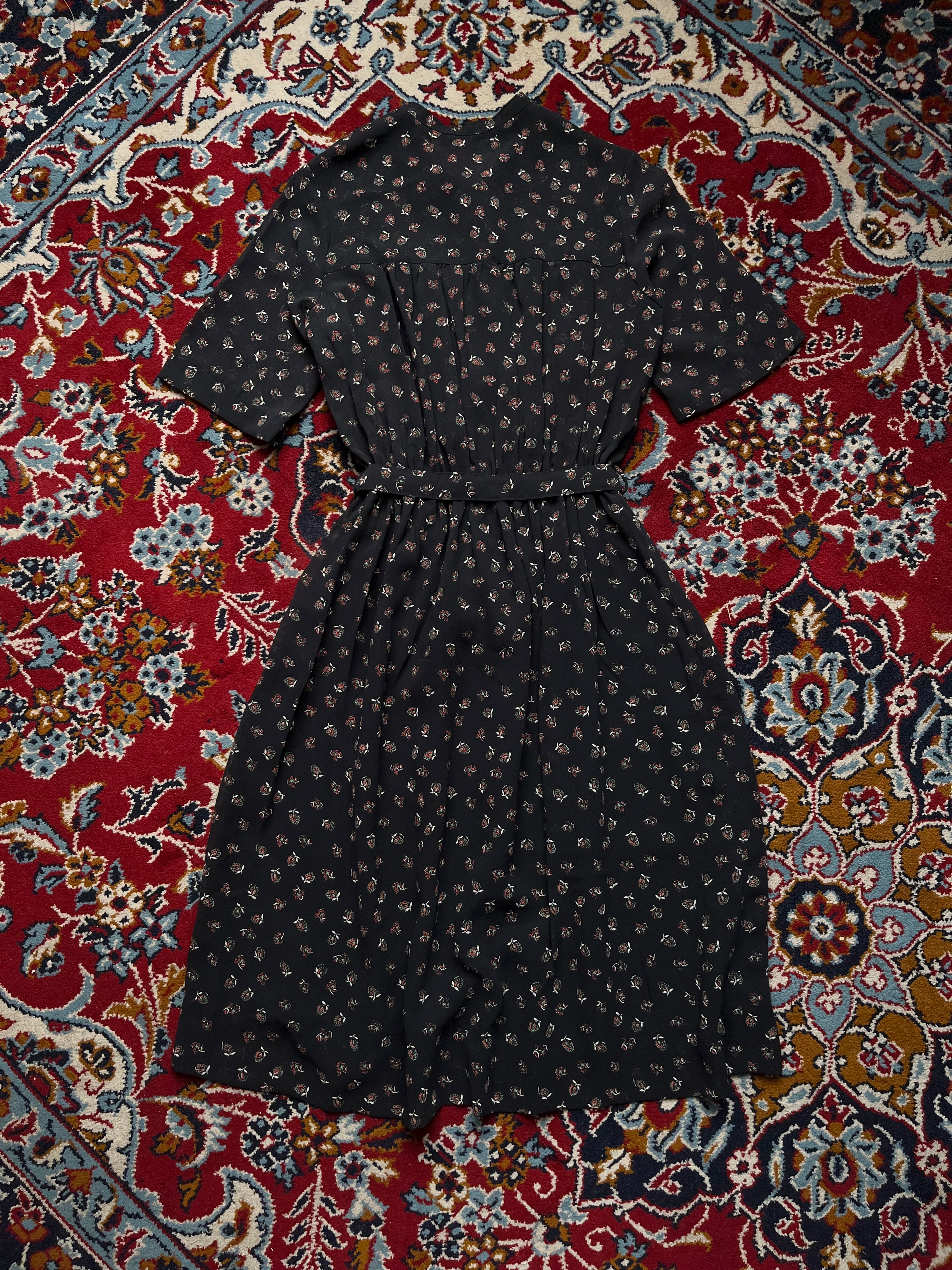 Vintage Black Floral Chiffon Belted Short Sleeve Dress -  S