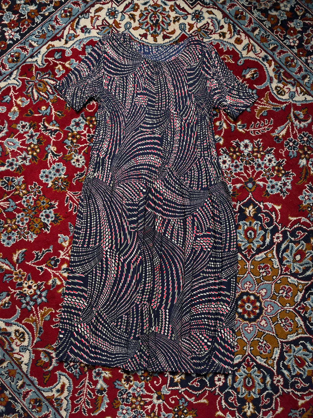 Vintage Japanese Geometric Optical Print Pleated Dress - M