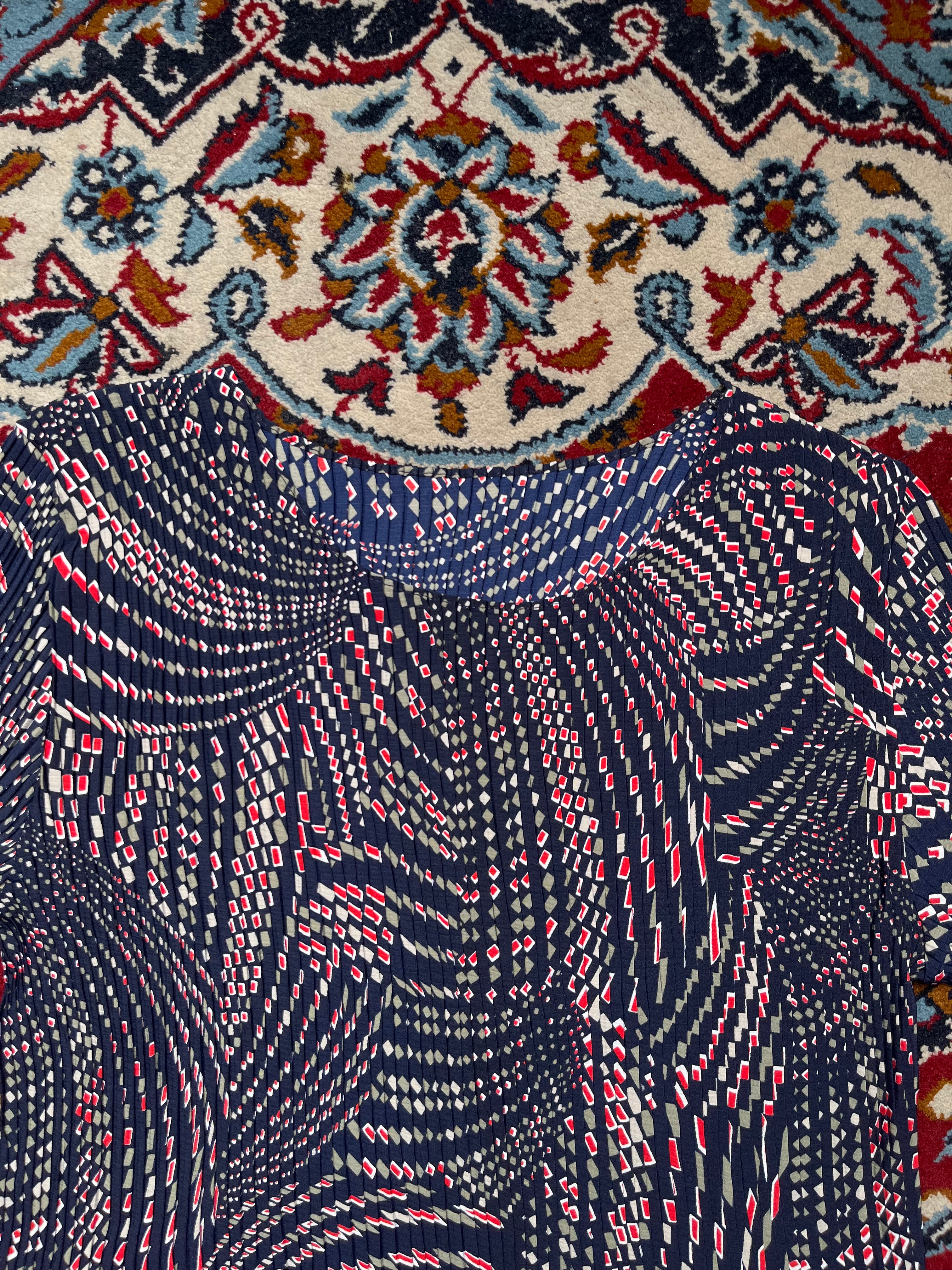Vintage Japanese Geometric Optical Print Pleated Dress - M