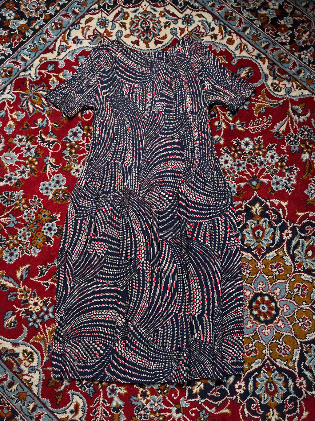 Vintage Japanese Geometric Optical Print Pleated Dress - M