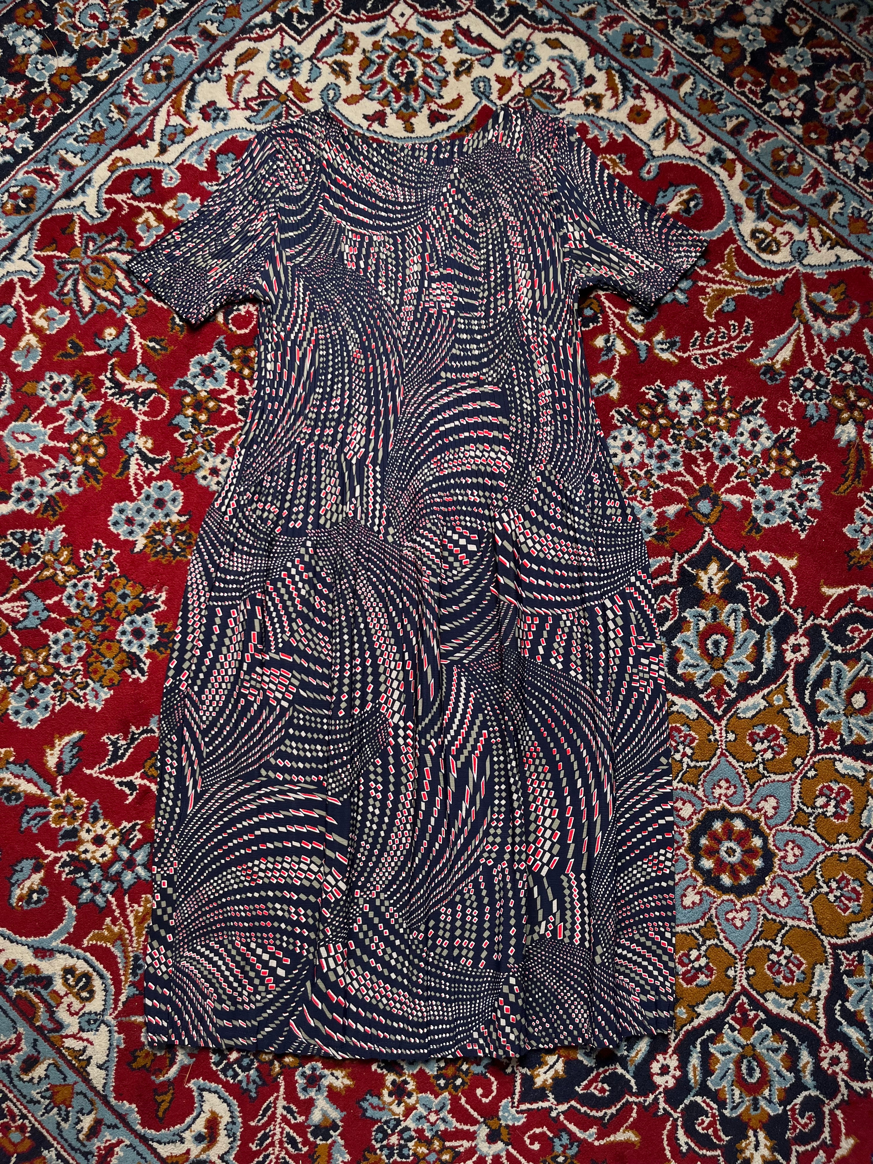 Vintage Japanese Geometric Optical Print Pleated Dress - M