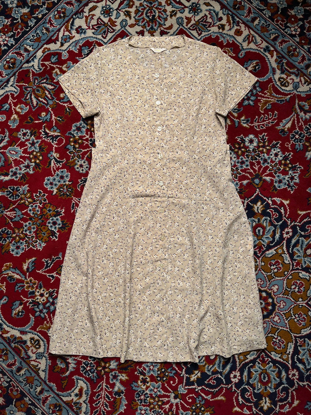 Vintage Beige Floral Button Front Dress - M