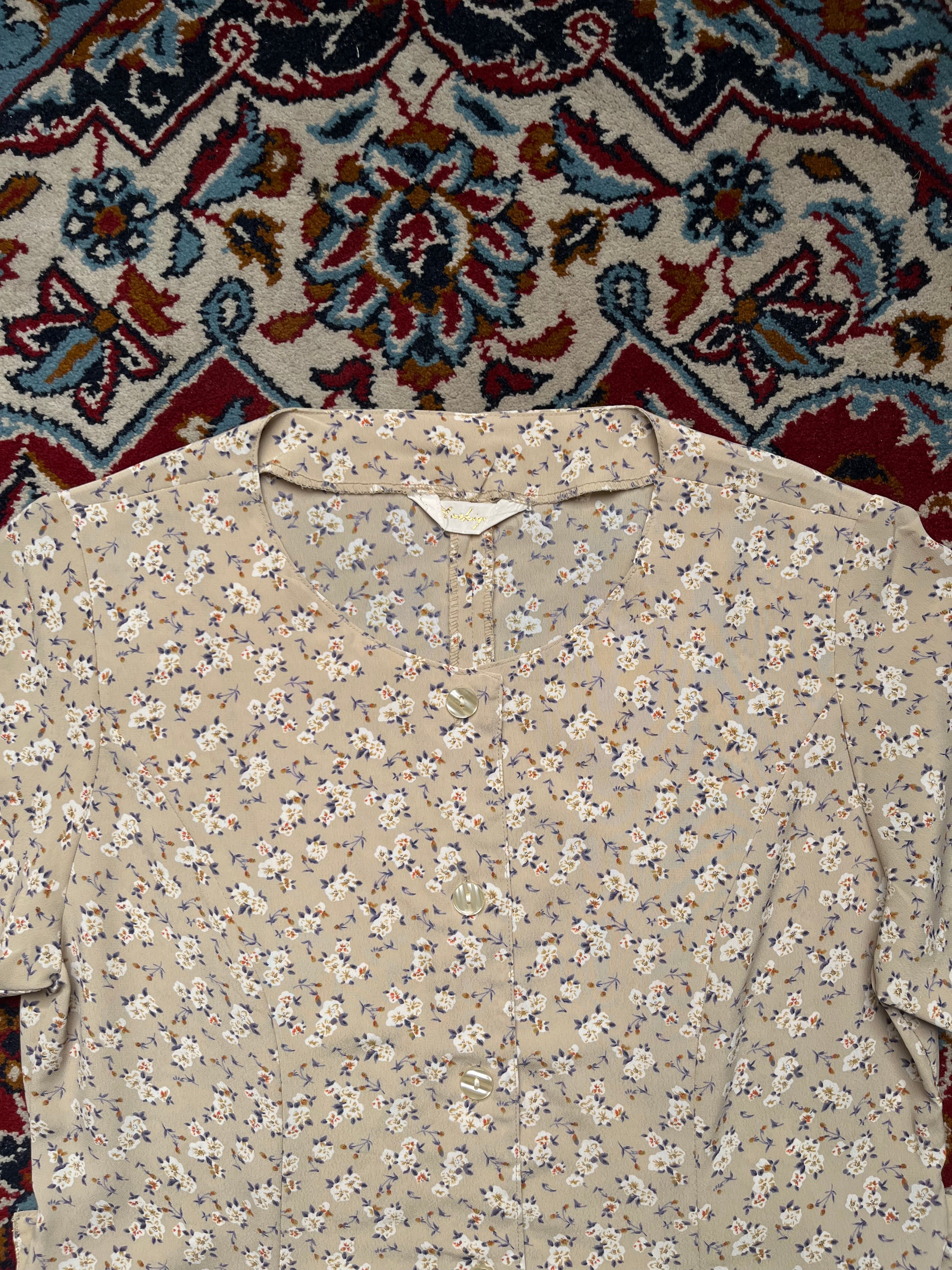 Vintage Beige Floral Button Front Dress - M