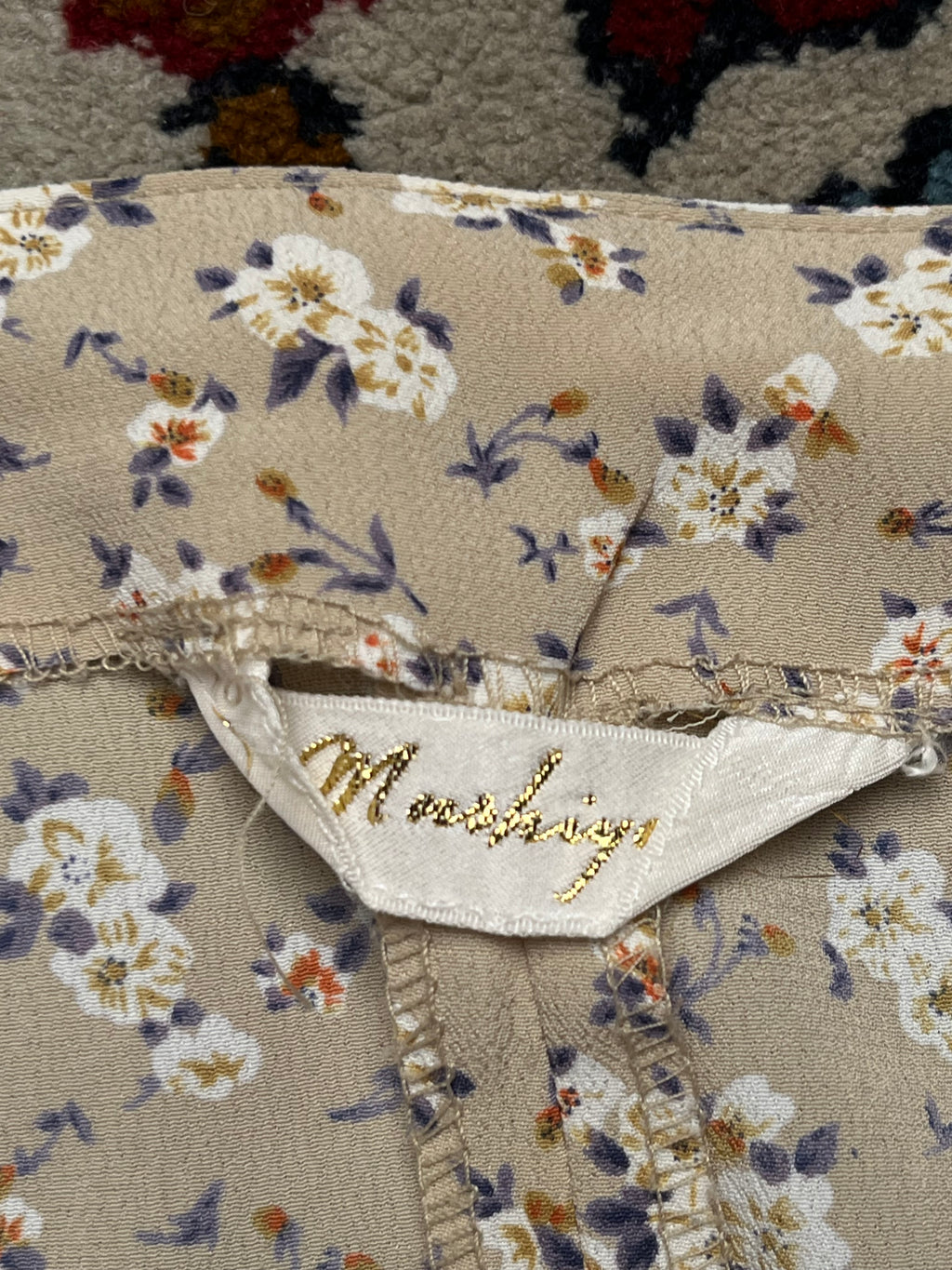 Vintage Beige Floral Button Front Dress - M