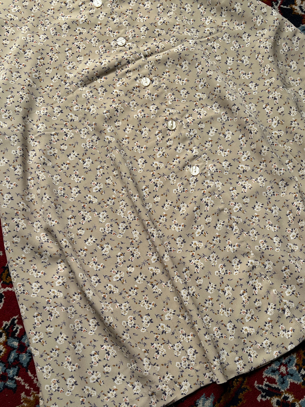 Vintage Beige Floral Button Front Dress - M