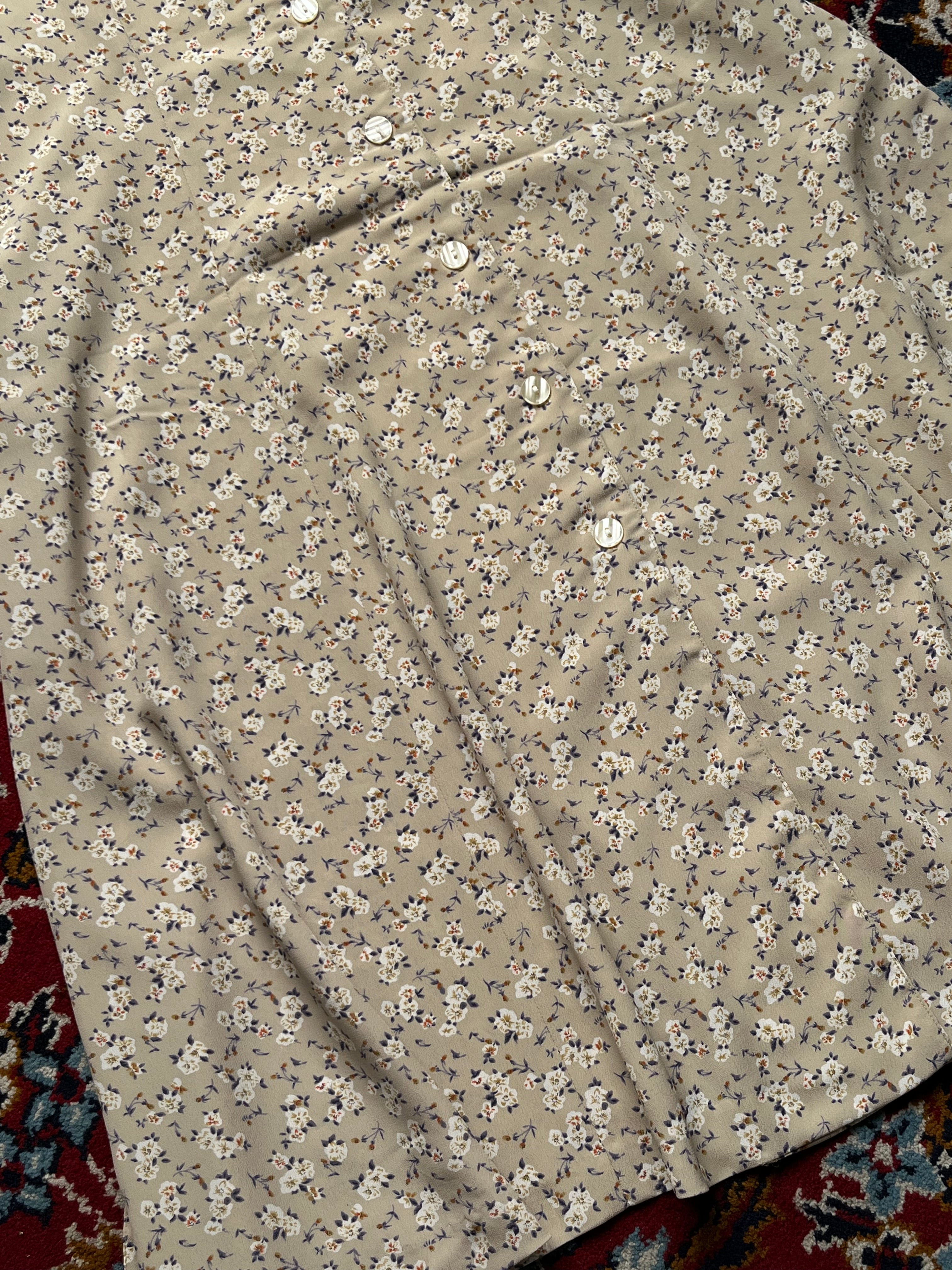 Vintage Beige Floral Button Front Dress - M