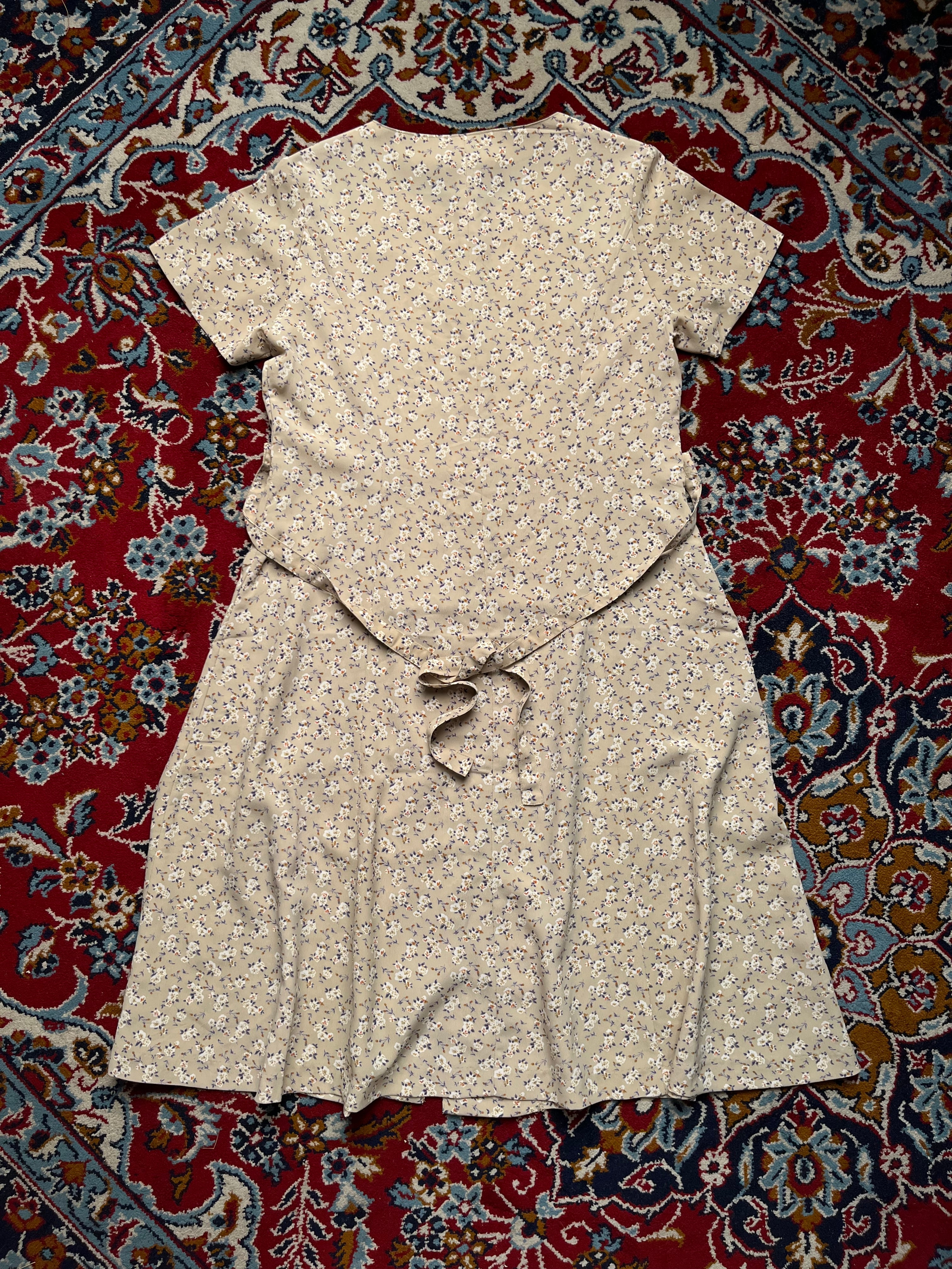 Vintage Beige Floral Button Front Dress - M