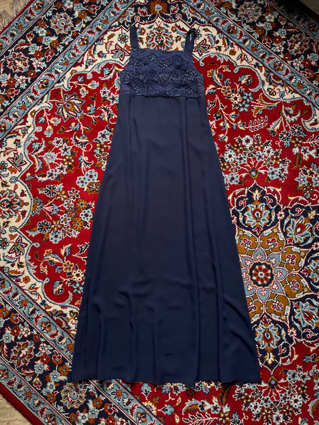 Vintage Rhapsody Navy Blue Beaded Lace Dress - S