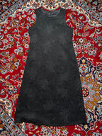 Women Black Crinkled Floral Jacquard Sleeveless Dress - M