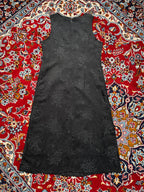 Women Black Crinkled Floral Jacquard Sleeveless Dress - M
