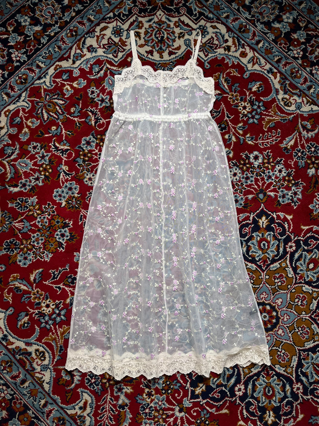 Heather Sheer Mesh Floral Embroidered Cami White Dress - S