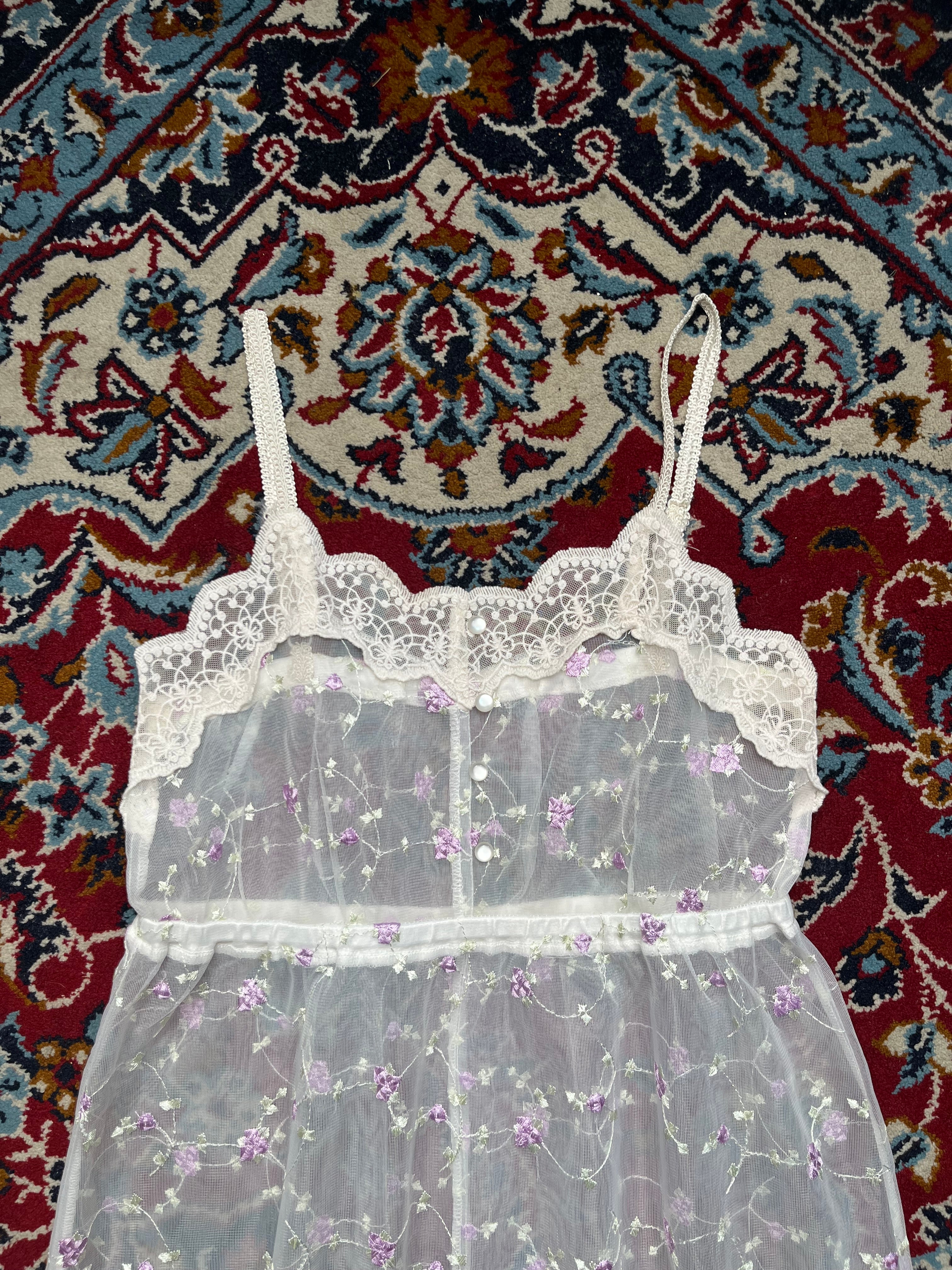 Heather Sheer Mesh Floral Embroidered Cami White Dress - S